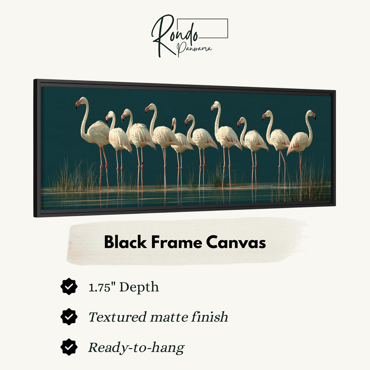 Pale flamingos wading on teal canvas print in a black floating frame