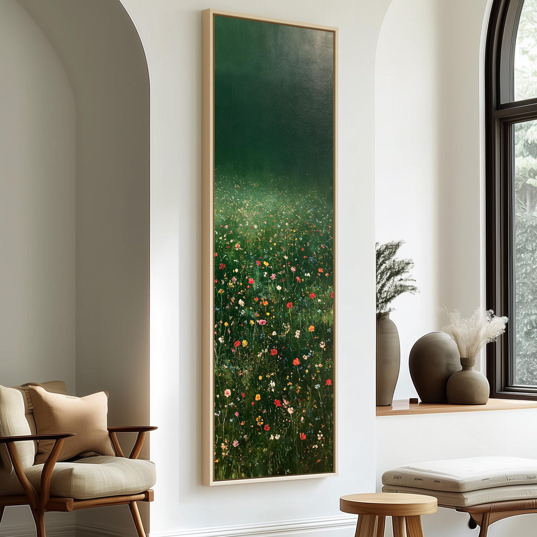 Twilight meadow of tiny wildflowers long vertical canvas print in a sunlit living space