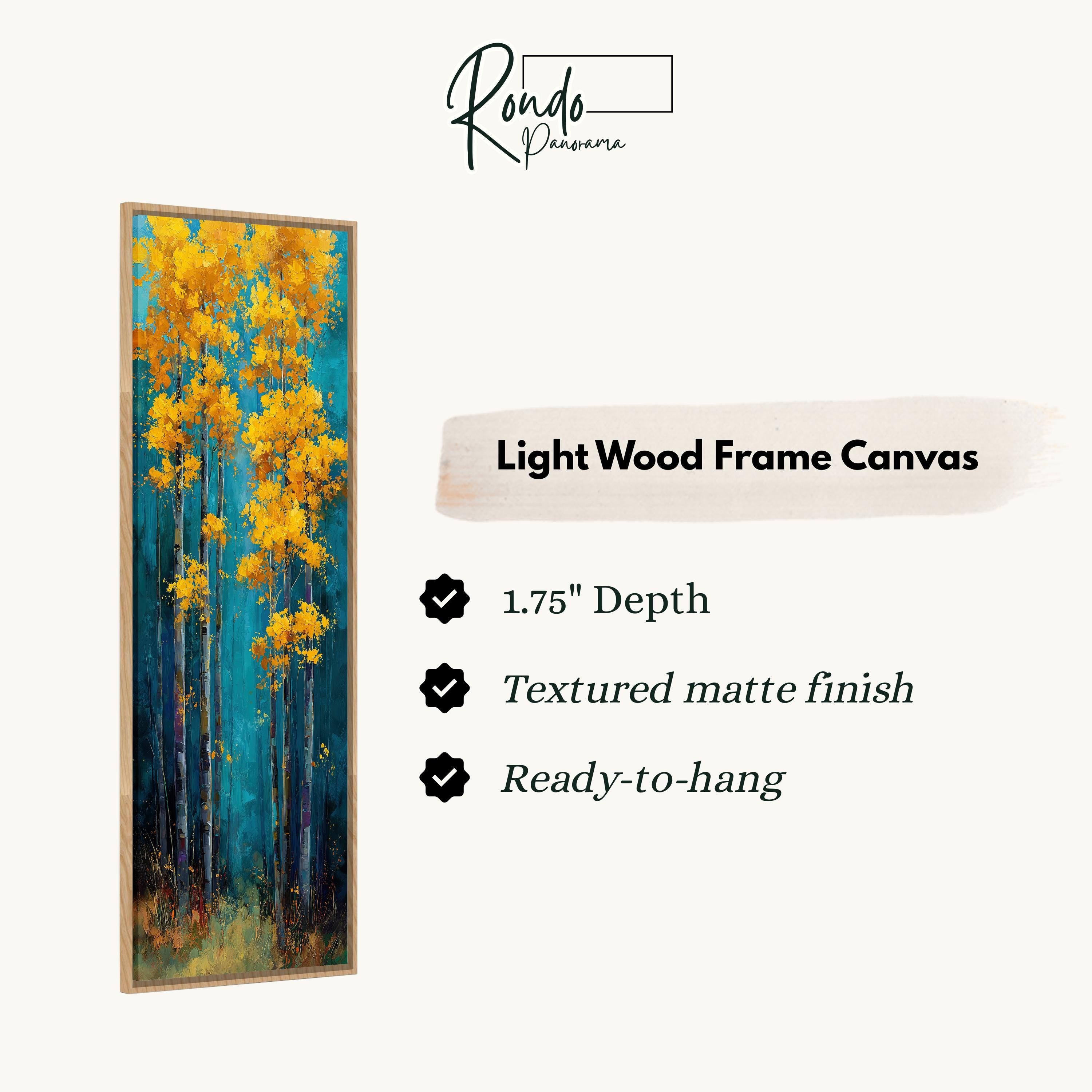The image is a light wood frame canvas depicting a painting of trees with yellow leaves.