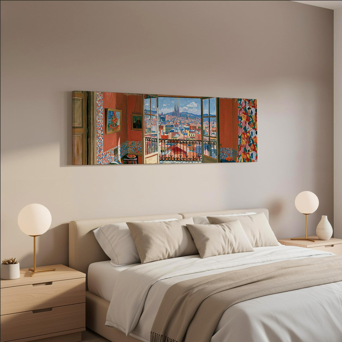 Barcelona seen through an open window wide panoramic canvas print above a bed in a neutral bedroom