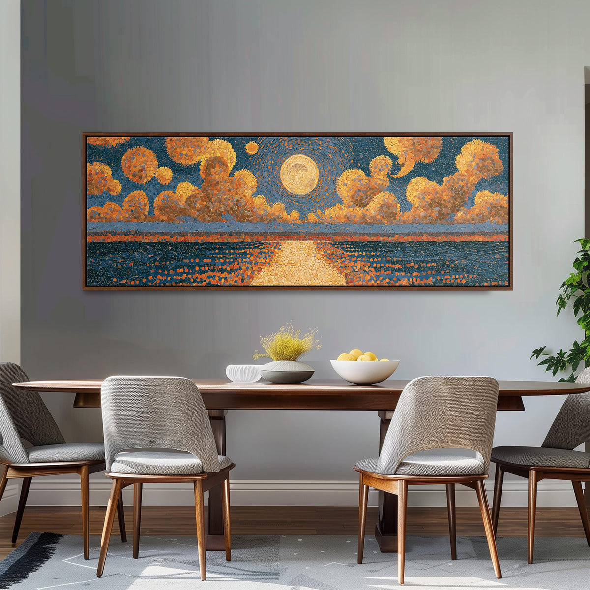 Golden sunset over a lake long horizontal canvas print above a dining table