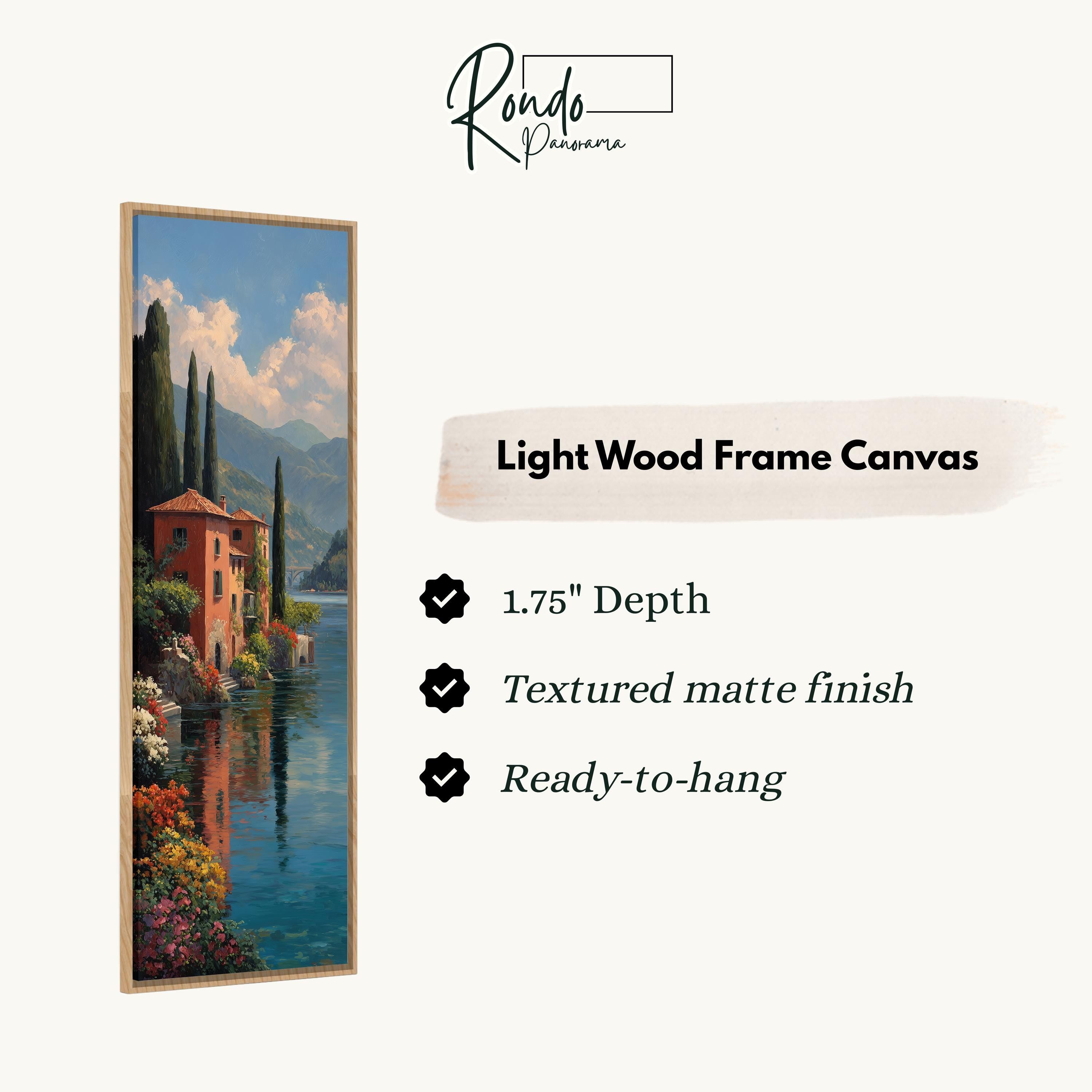 The image is a light wood frame canvas depicting a scenic landscape with a house and a river.
