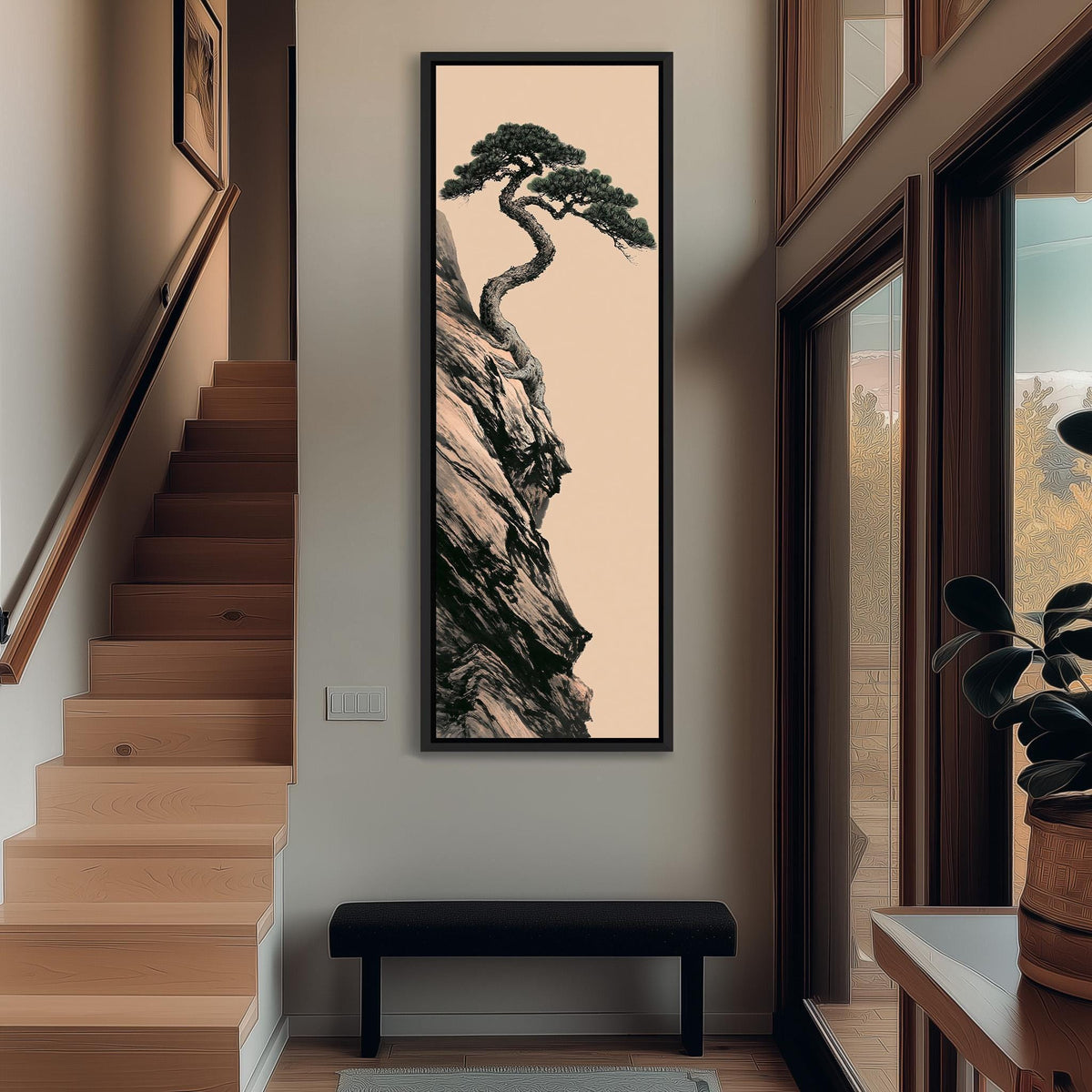 Pine tree growing from a cliff on blush tall narrow canvas print beside a staircase in an entryway