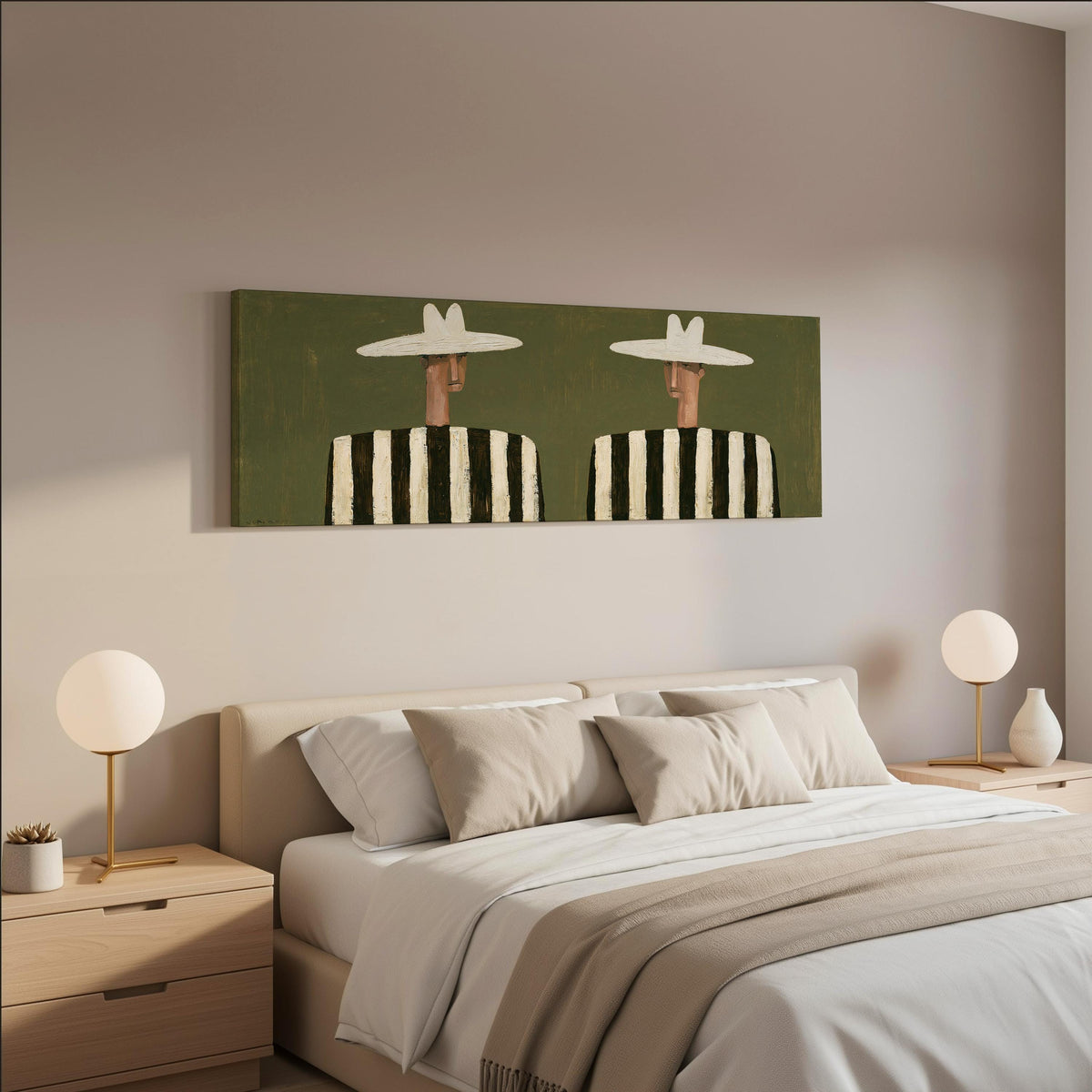 Two figures in striped shirts wide panoramic canvas print above a bed in a neutral bedroom