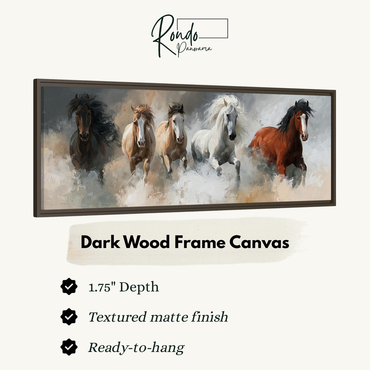 Five horses running through smoke canvas print in a dark wood floating frame
