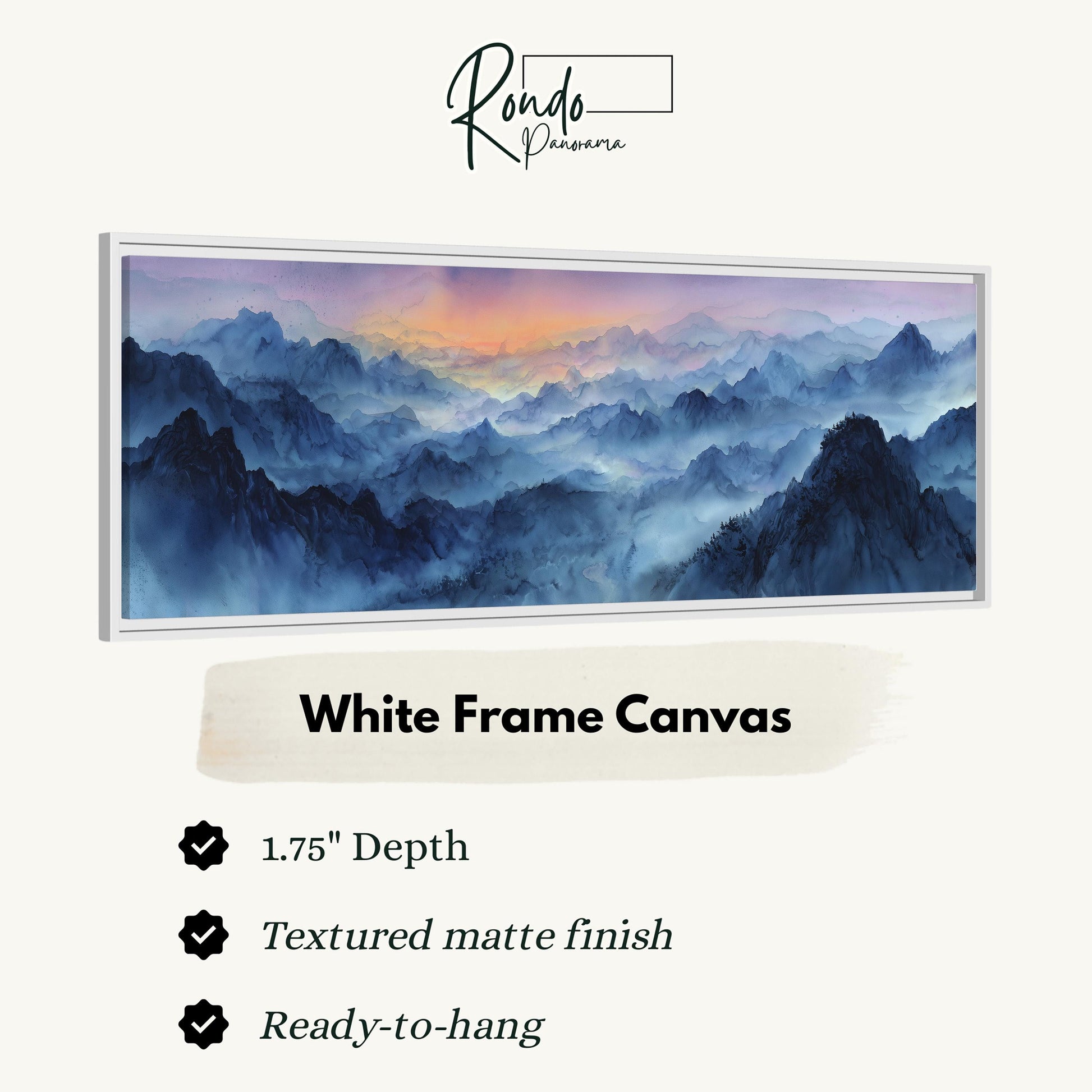 The image is a white frame canvas depicting a mountainous landscape with a hazy, misty atmosphere.
