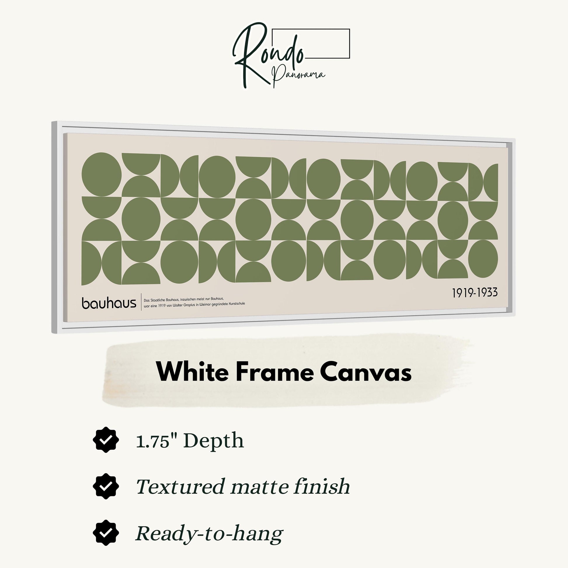 The image is a framed artwork featuring a geometric design with green circles and lines on a white background.