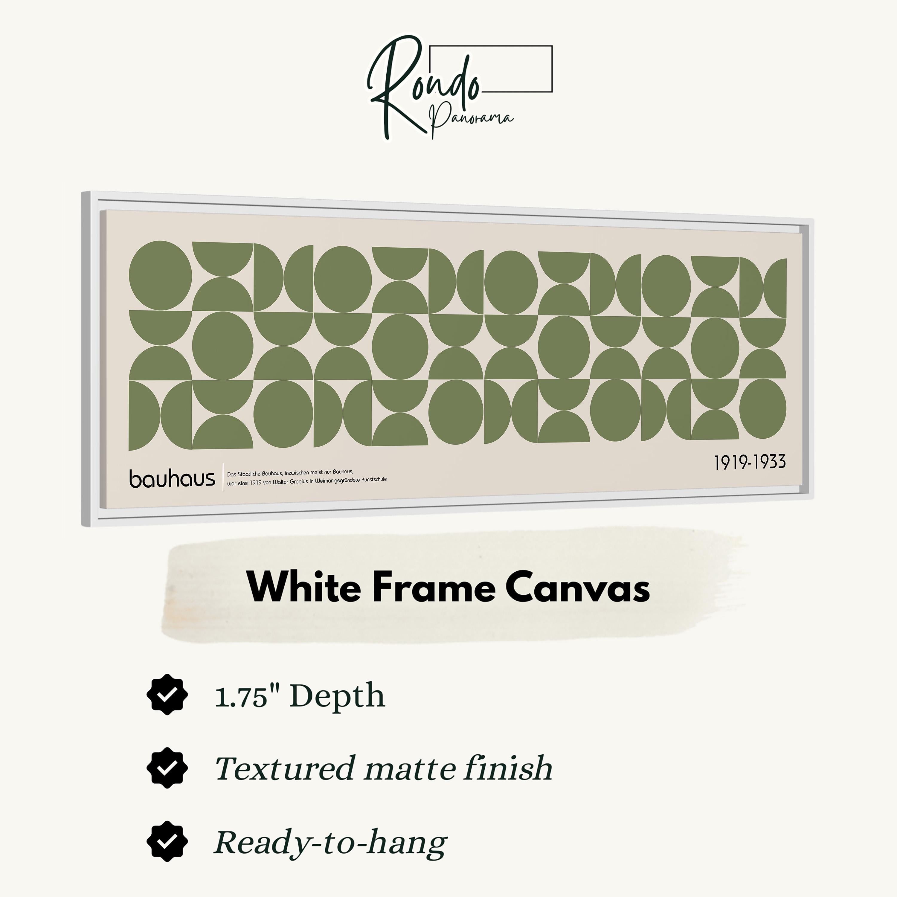 The image is a framed artwork featuring a geometric design with green circles and lines on a white background.
