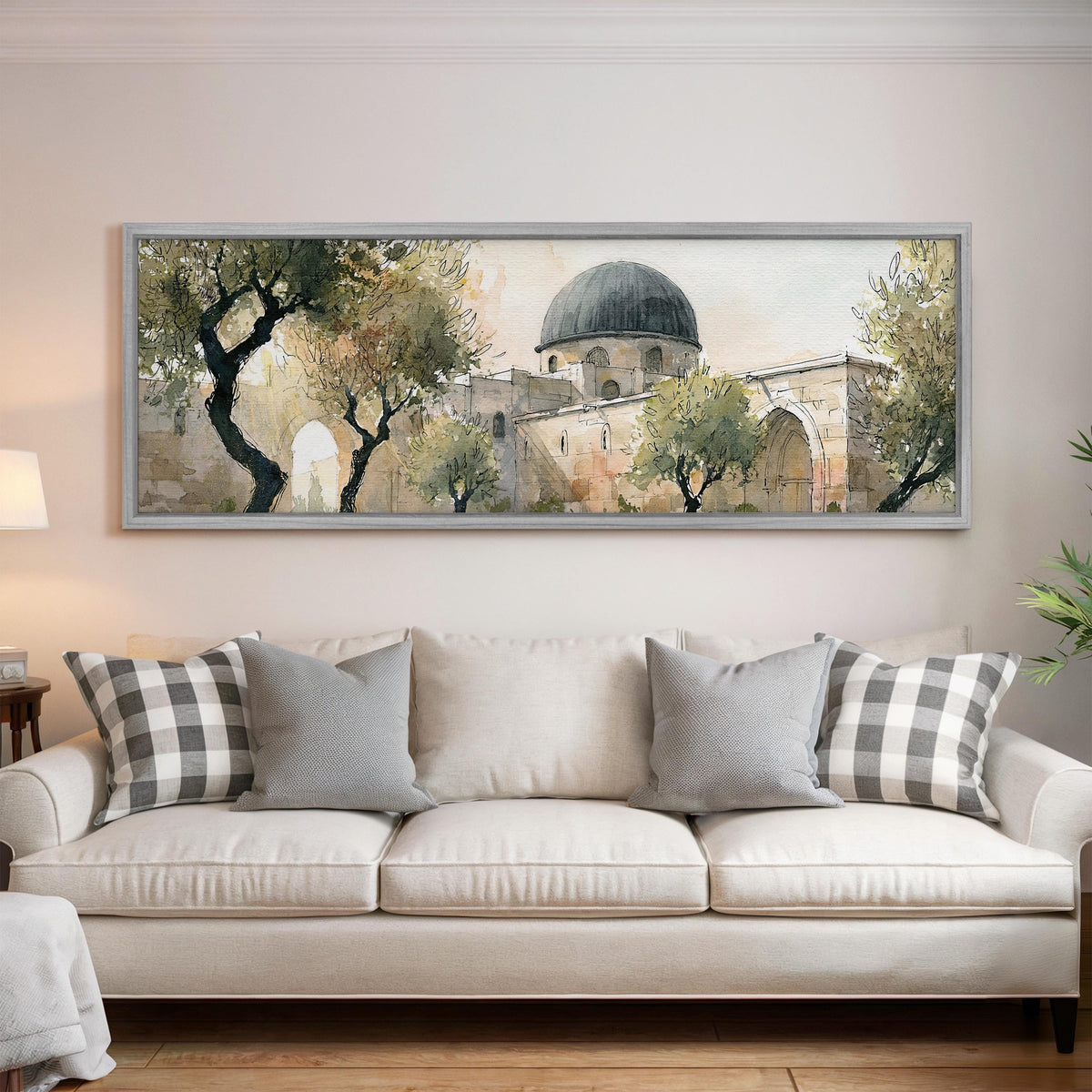 Old stone dome in a sketch style panoramic canvas print above a white sofa in a bright living room
