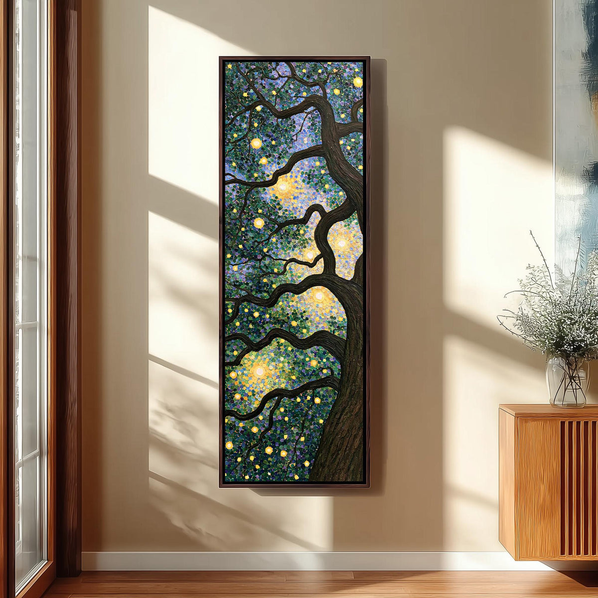Tree canopy twinkling with golden lights tall narrow canvas print beside a staircase in an entryway