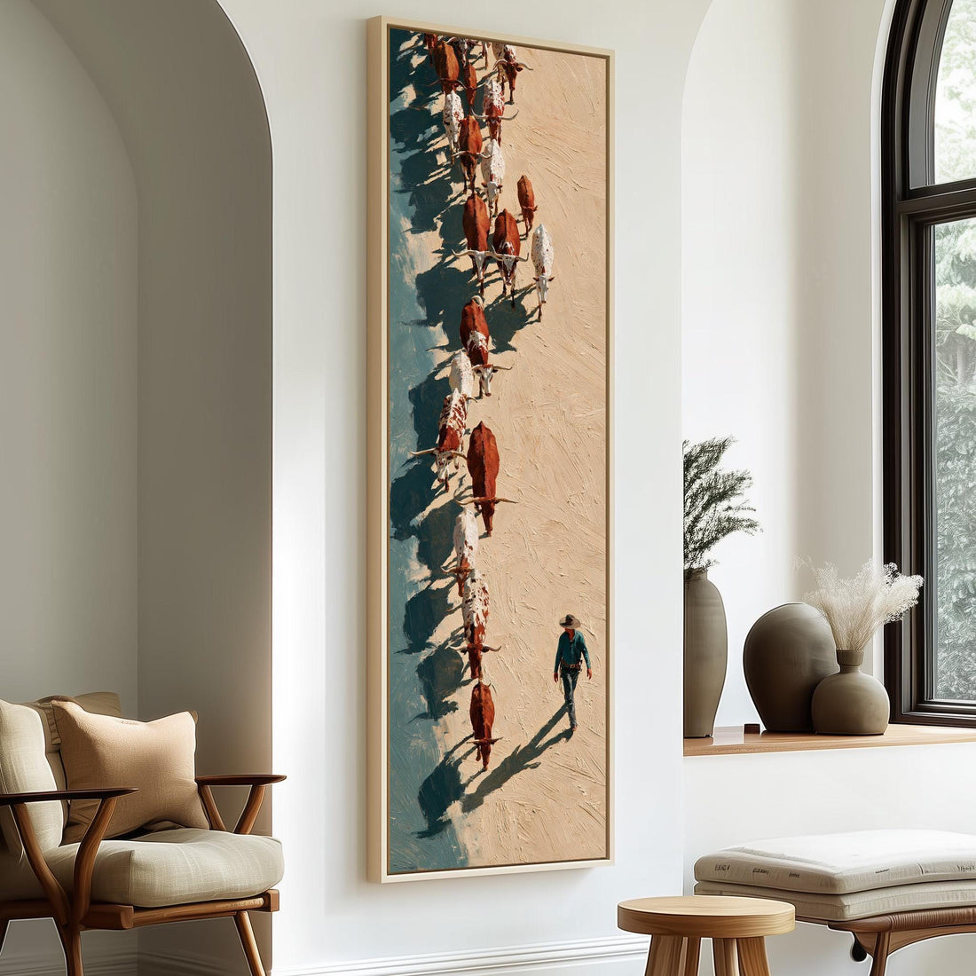 Cattle drive seen from above long vertical canvas print in a sunlit living space