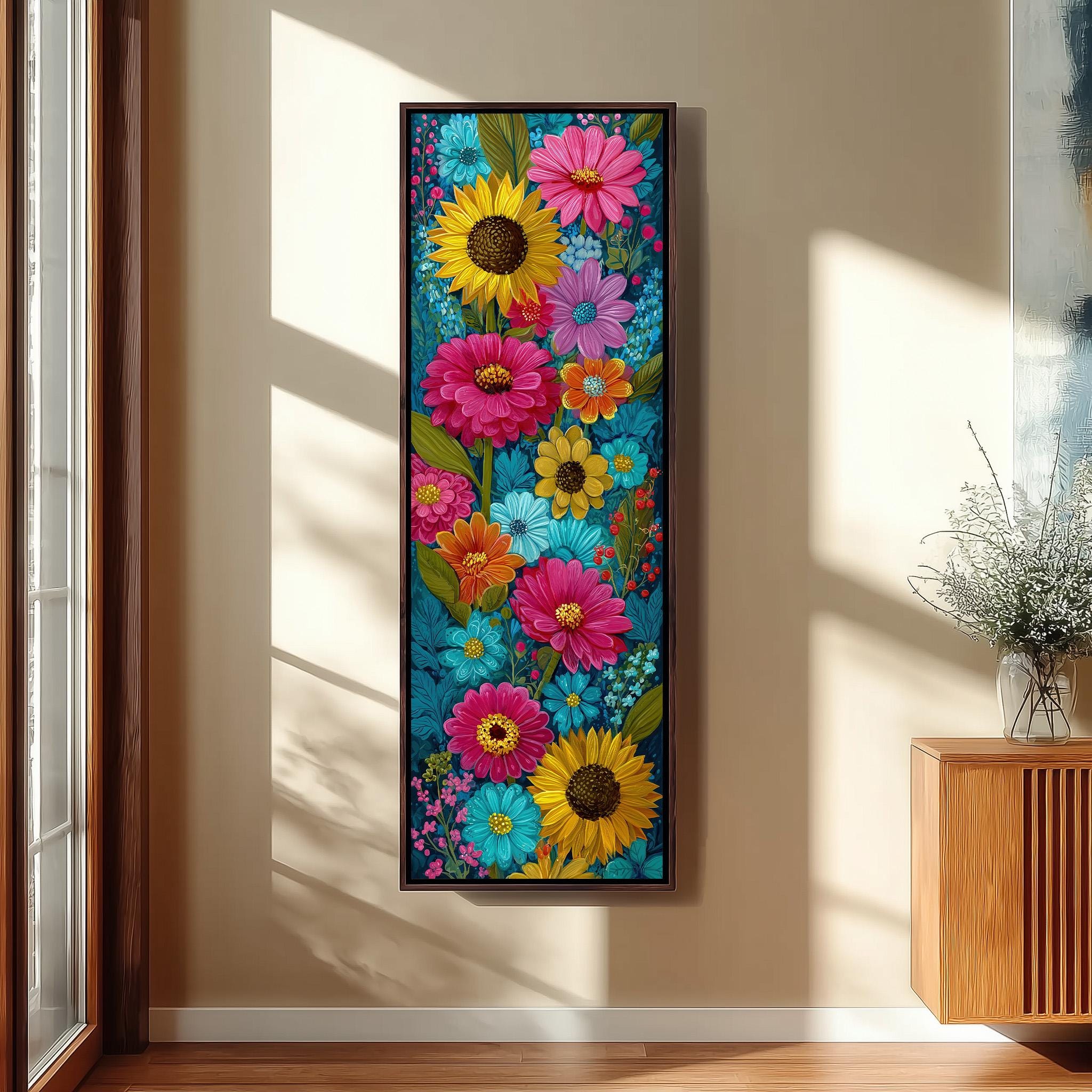 a vibrant and colorful painting of flowers hanging on a wall in a room.