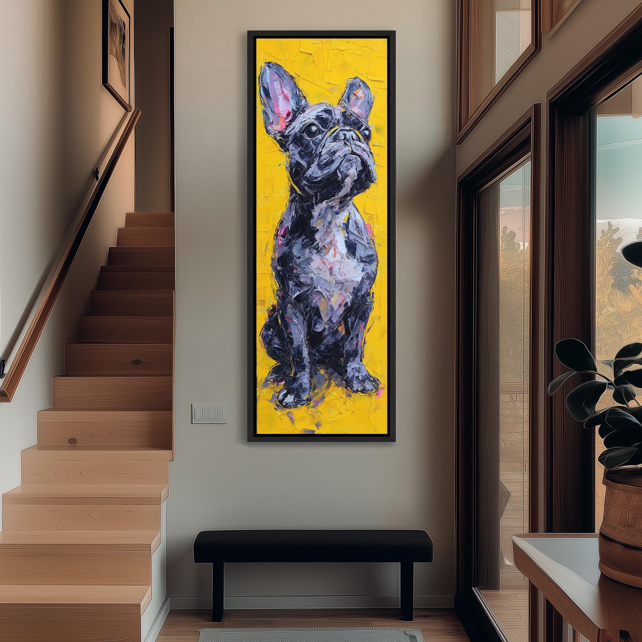 a large, colorful painting of a dog, specifically a French Bulldog, hanging on the wall in a hallway.
