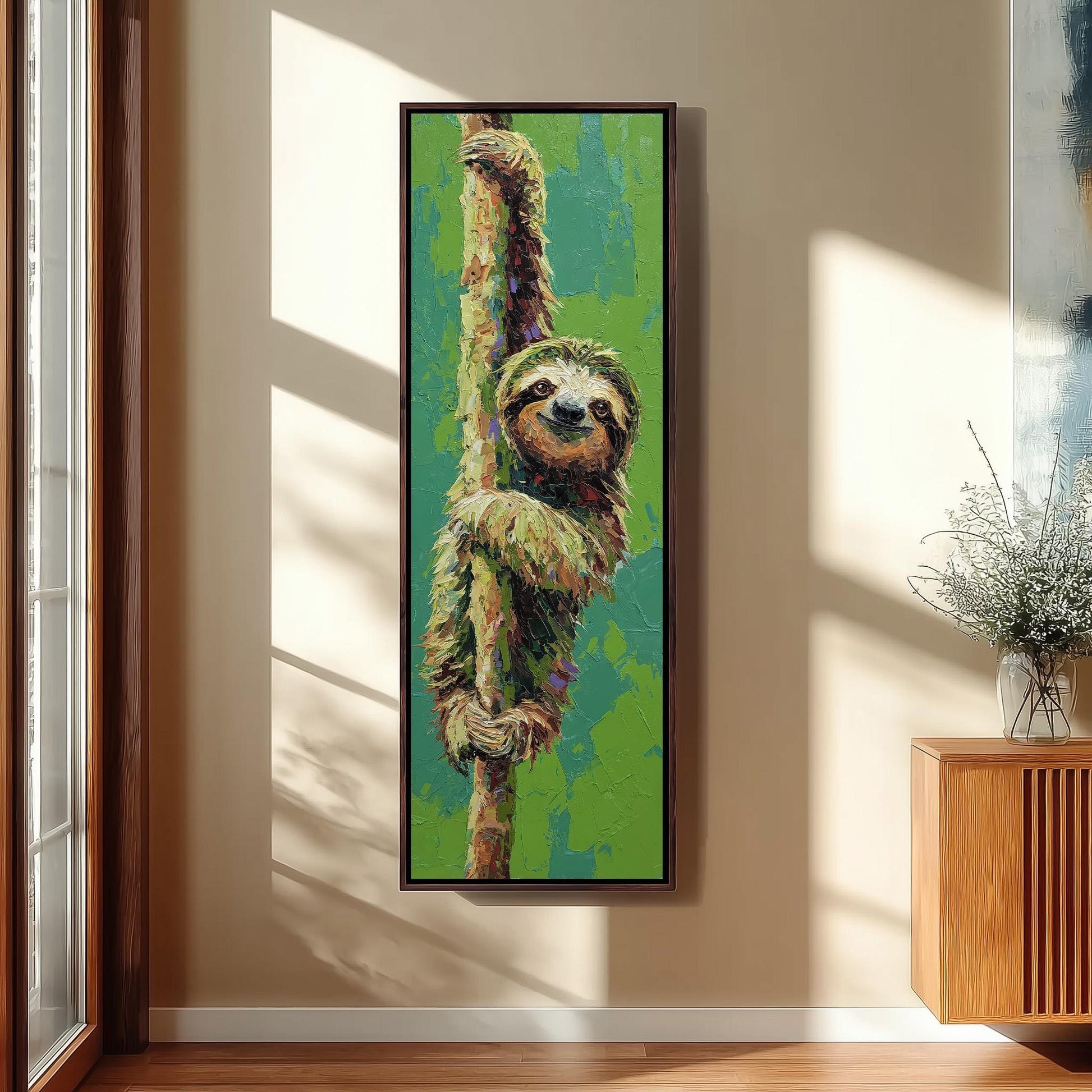a painting of a sloth hanging from a tree branch on a wall.