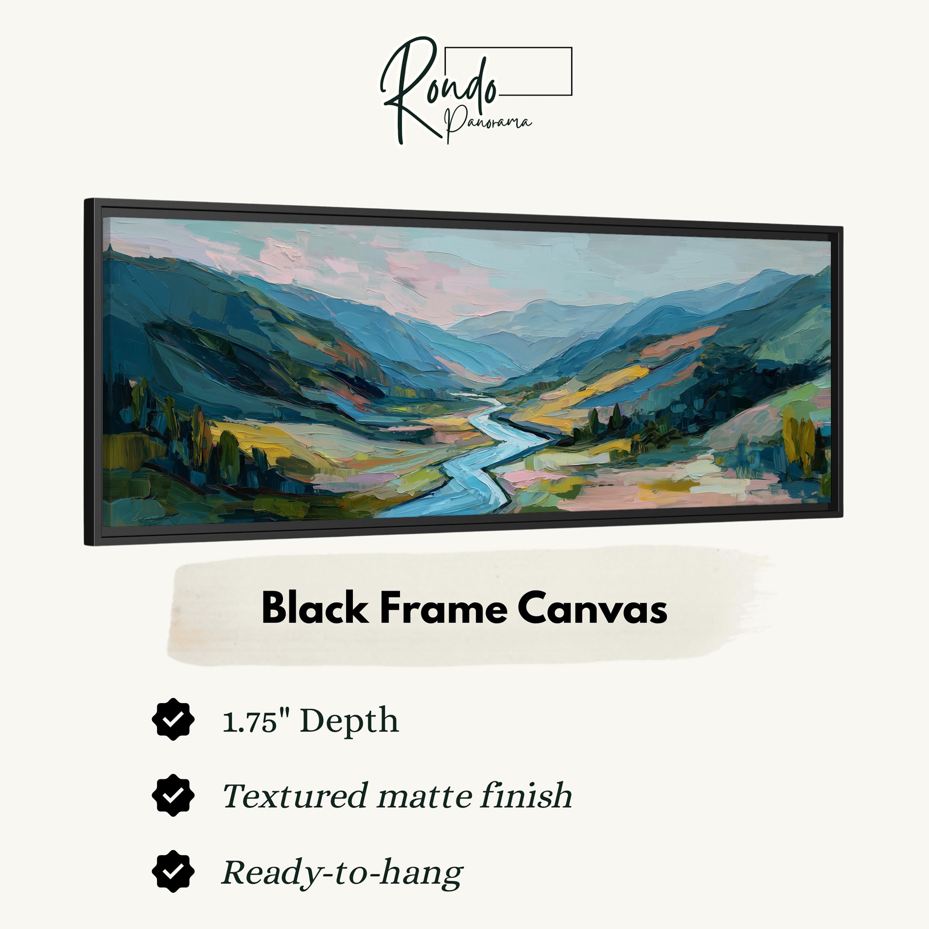 The image is a black frame canvas depicting a landscape with mountains, a river, and trees.