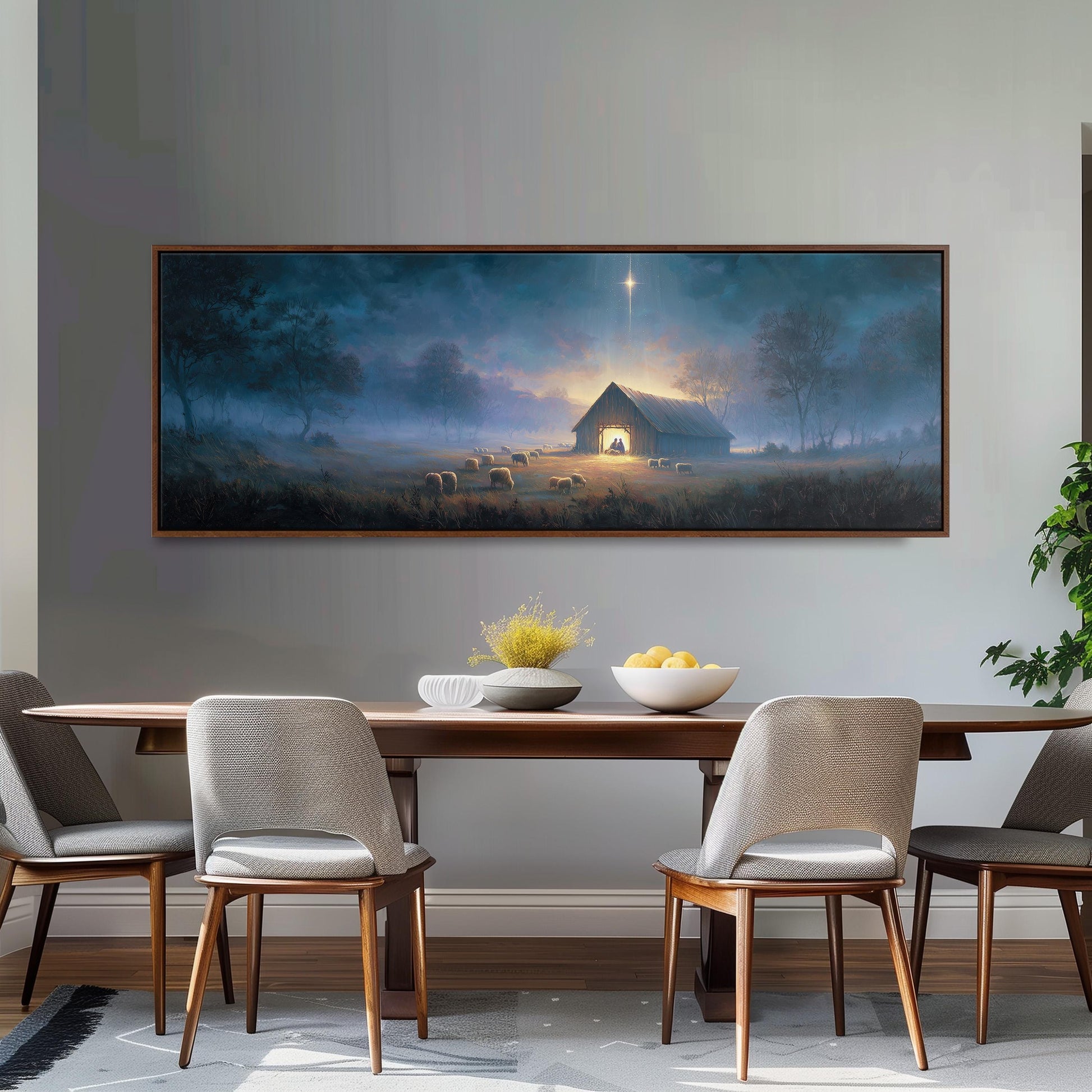a large painting of a serene landscape hanging on a wall above a wooden dining table with four chairs. The painting depicts a peaceful countryside scene with a barn, trees, and a starry sky.