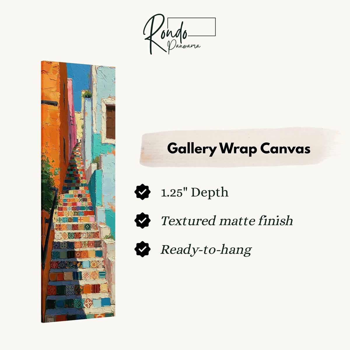 Rainbow tiled staircase in a narrow alley gallery wrap canvas with the image wrapped around the edges