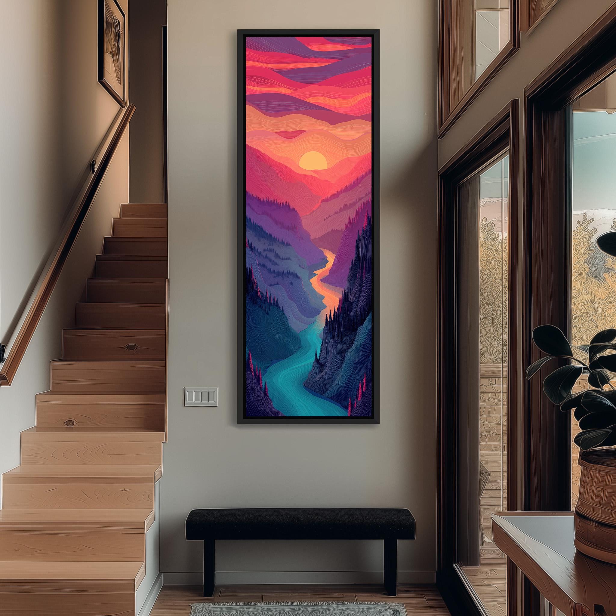 a large, colorful painting of a mountain landscape hanging on the wall of a room with wooden stairs and a bench.