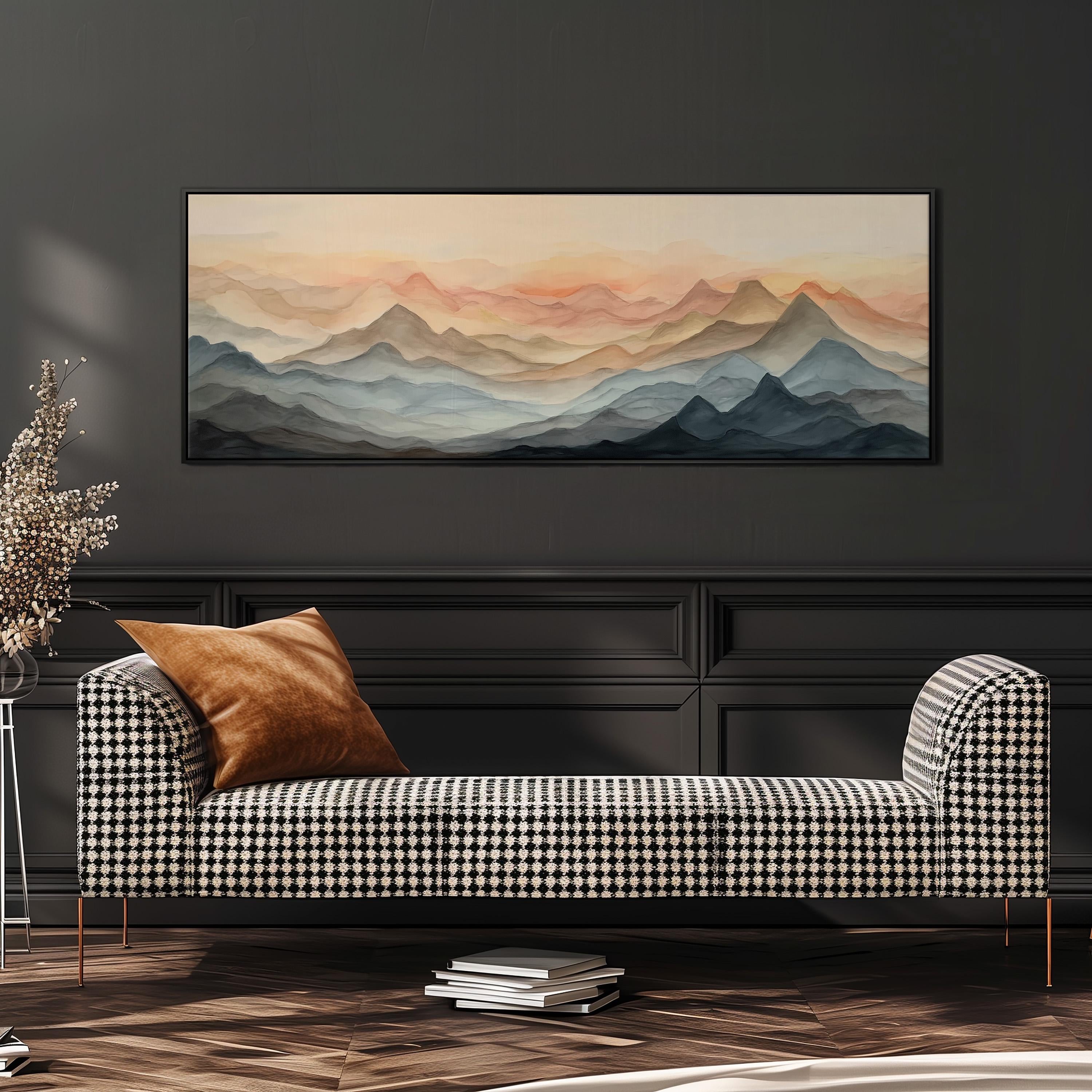 a large, colorful landscape painting hanging on a wall above a black and white checkered sofa with a brown throw pillow.