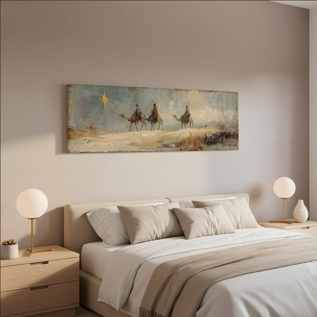 Wise men on camels following the star wide panoramic canvas print above a bed in a neutral bedroom