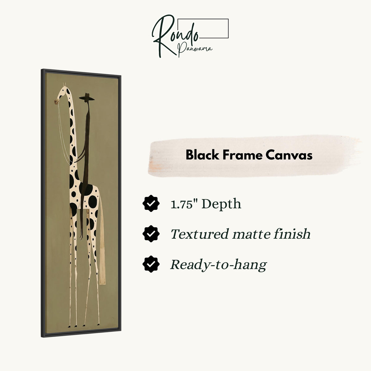 Tall spotted giraffe with a tiny rider canvas print in a black floating frame