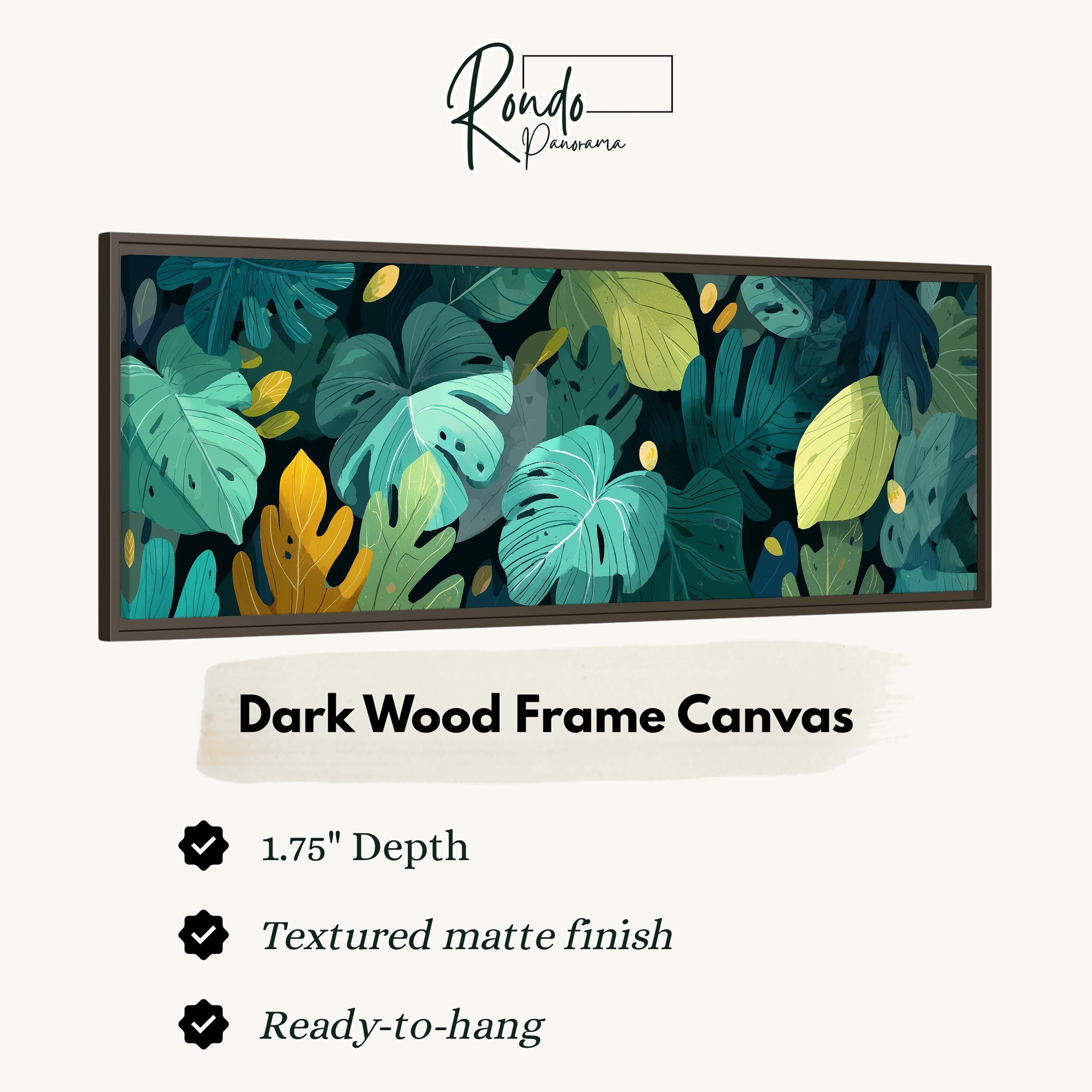 a dark wood frame canvas with a vibrant, tropical leaf pattern. The frame has a 1.75" depth and is textured with a matte finish. It is ready to hang and is described as a "Dark Wood Frame Canvas".