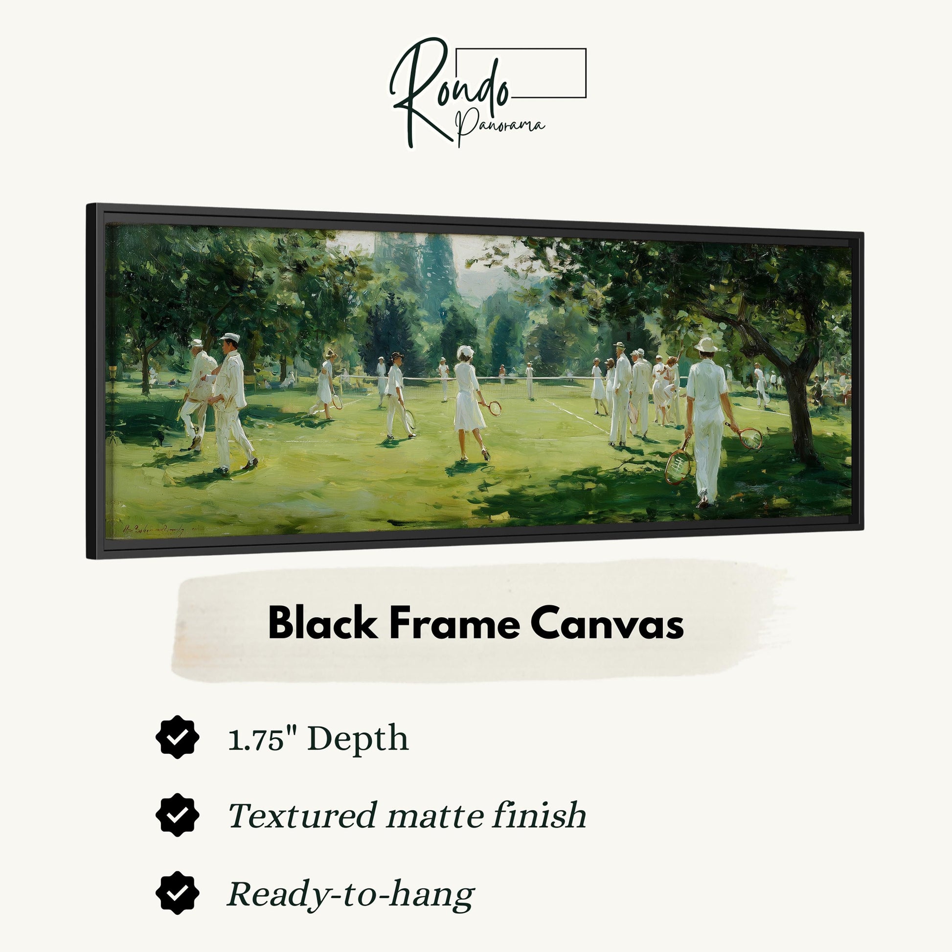 The image is a black frame canvas depicting a group of people playing tennis on a grassy court.