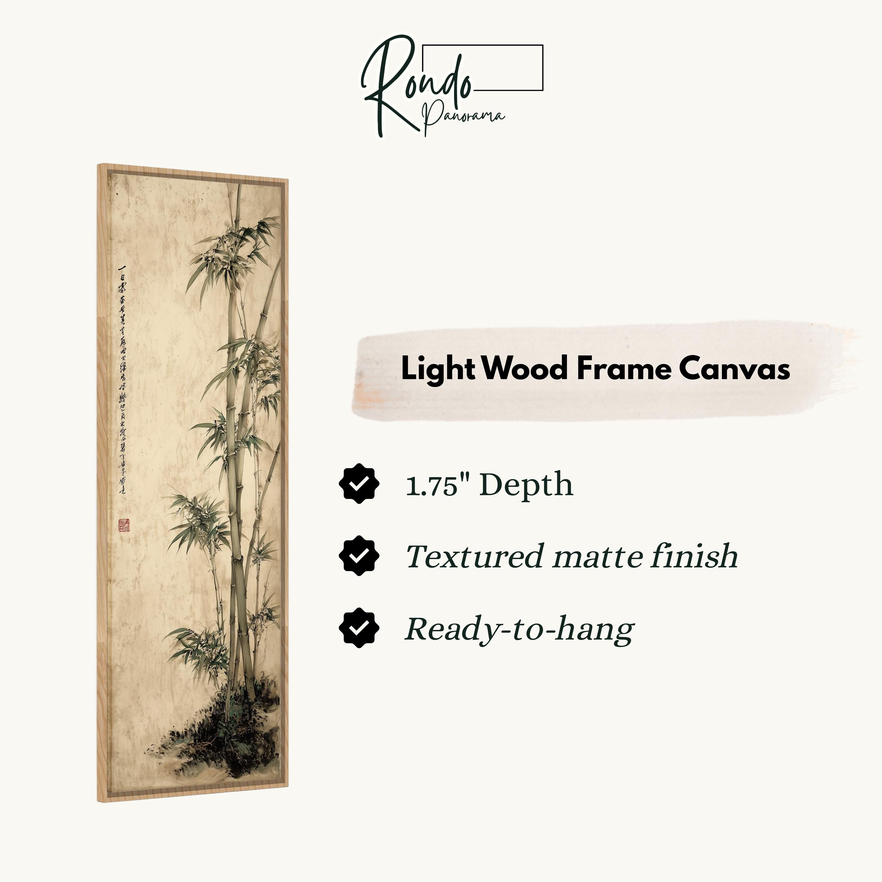 The image is a light wood frame canvas featuring a bamboo forest scene.