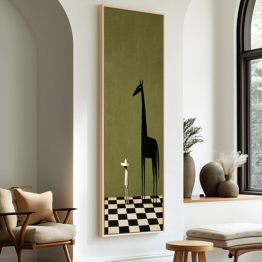 Towering black horse beside a tiny figure long vertical canvas print in a sunlit living space