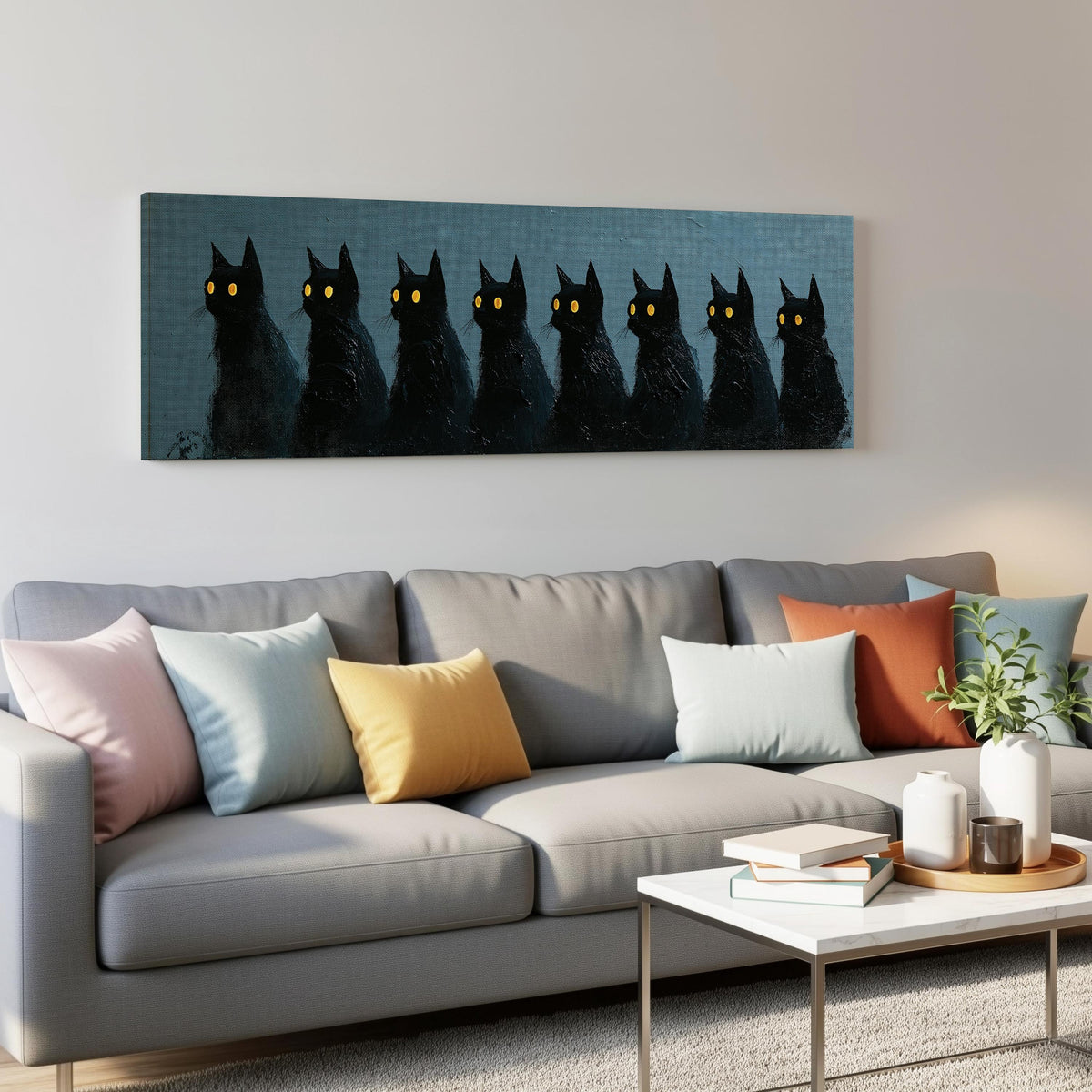 Row of black cats with glowing eyes panoramic canvas print above a grey sofa in a living room