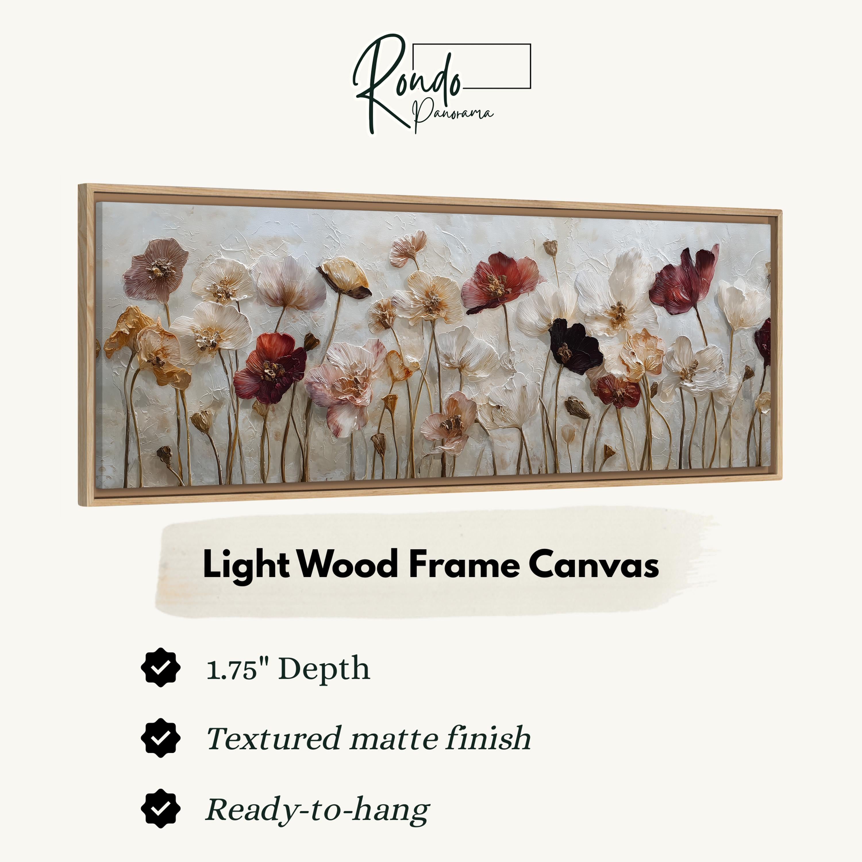 The image is a framed artwork depicting a collection of flowers in various shades of pink, white, and red. The frame is described as a light wood frame canvas, with a depth of 1.75" and a textured matte finish. The artwork is ready to hang.