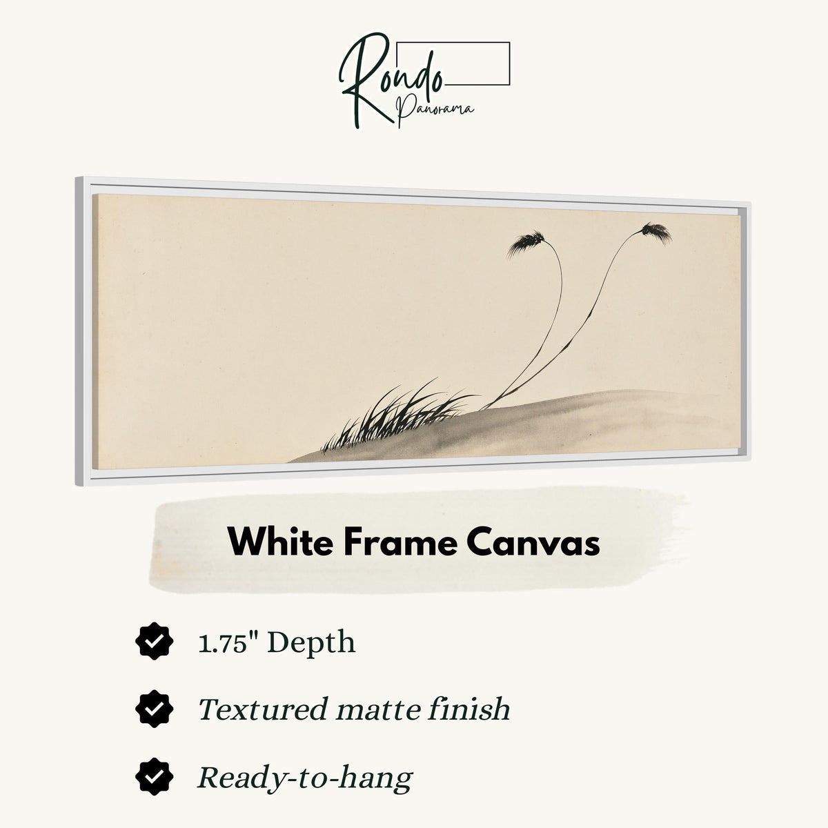 Two birds perched on bending ink reeds canvas print in a white floating frame
