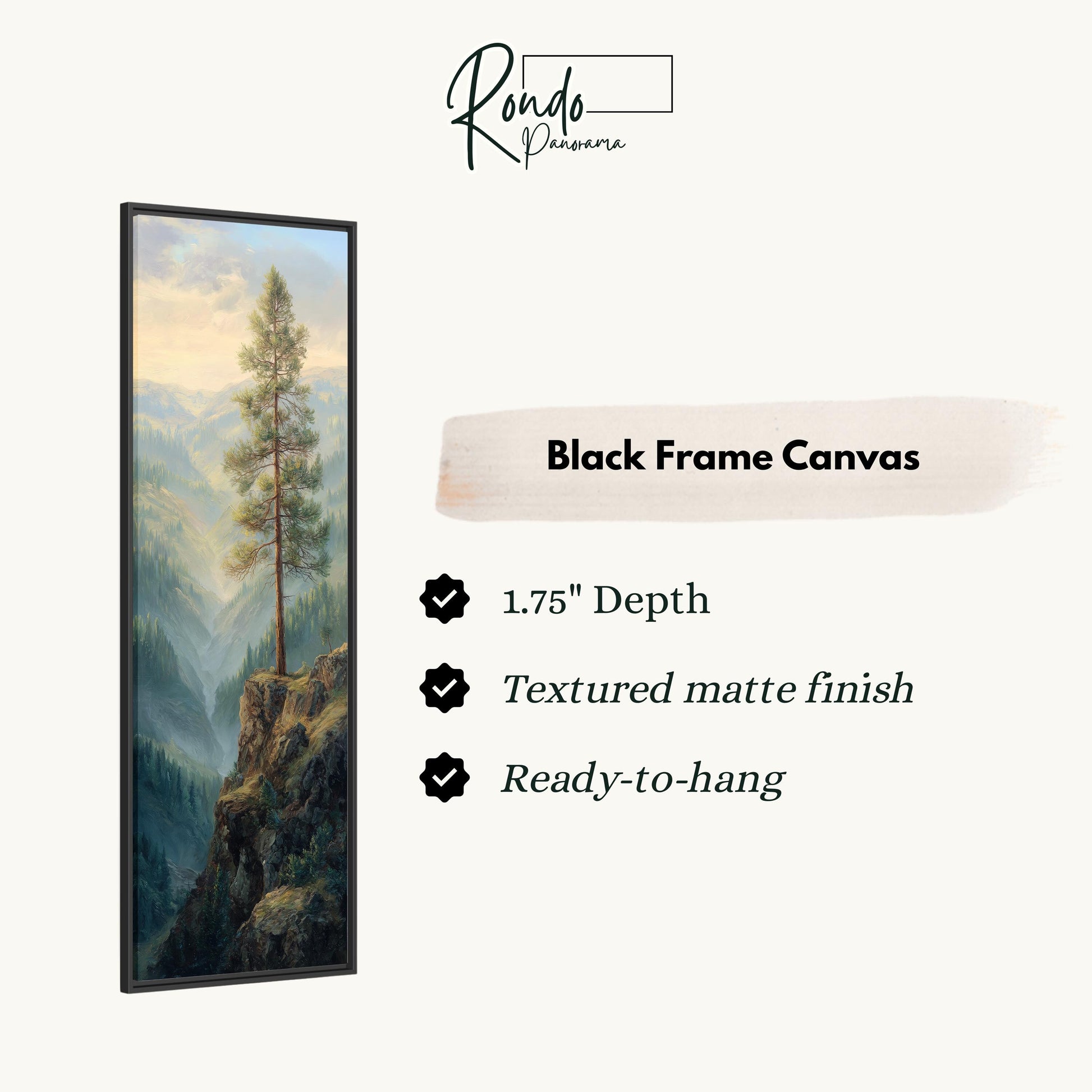 The image is a black frame canvas depicting a tall tree on a cliff, with a mountainous landscape in the background.