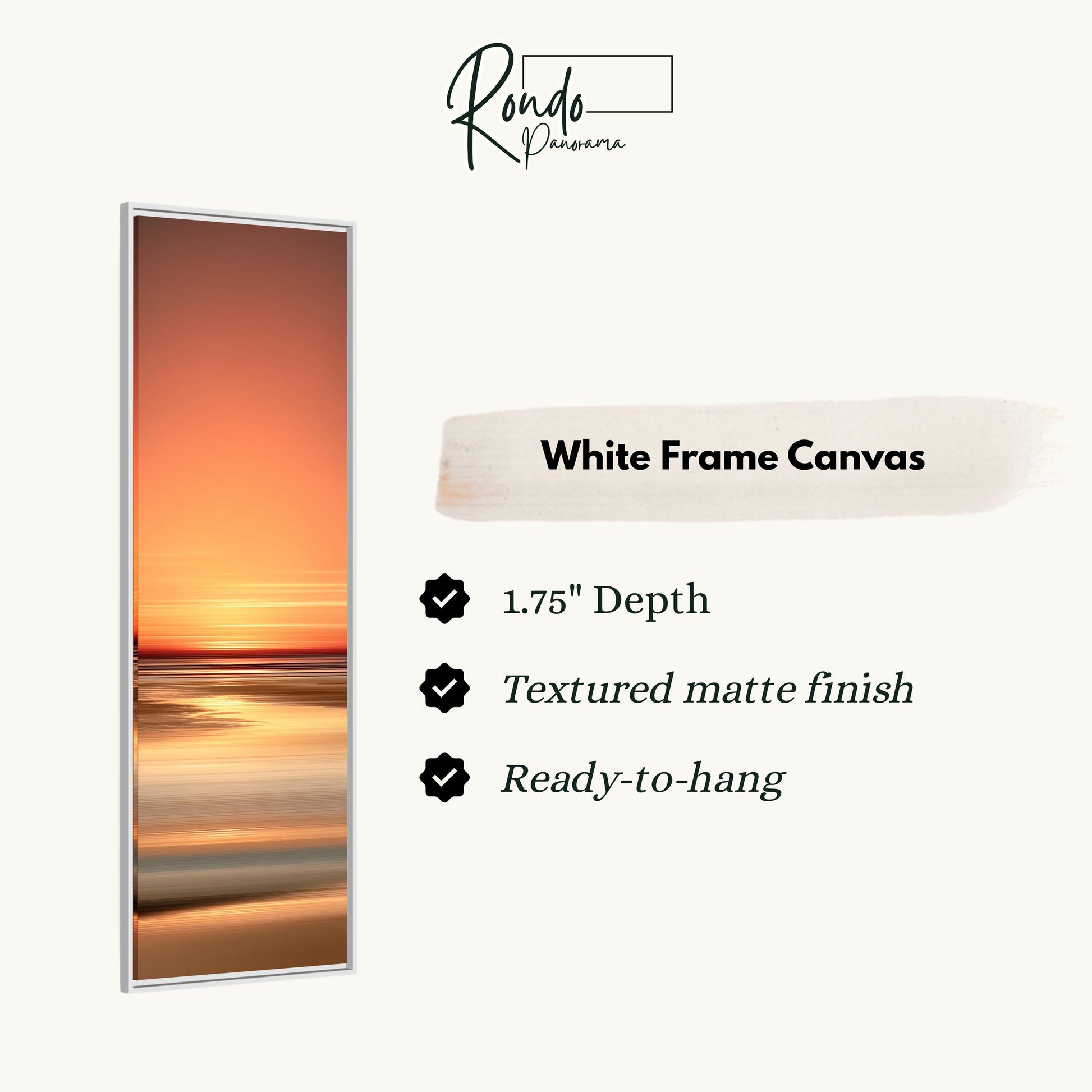 The image is a white frame canvas depicting a sunset over a body of water.