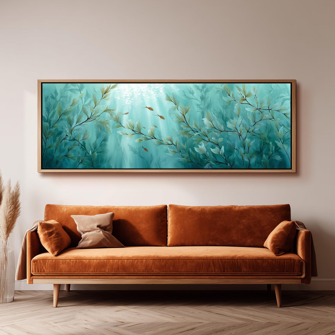 a large, framed painting of a serene underwater scene with green and blue hues, hanging on a wall above a brown sofa.
