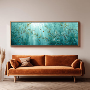 a large, framed painting of a serene underwater scene with green and blue hues, hanging on a wall above a brown sofa.