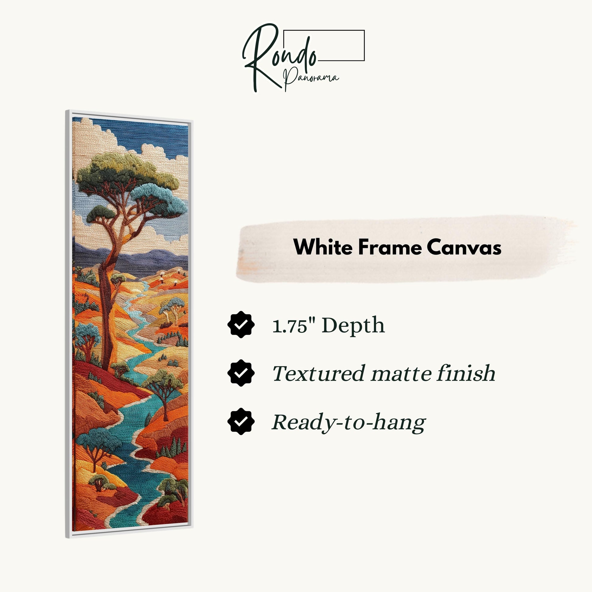The image is a white frame canvas depicting a landscape with a tree, a winding river, and a blue sky with clouds.