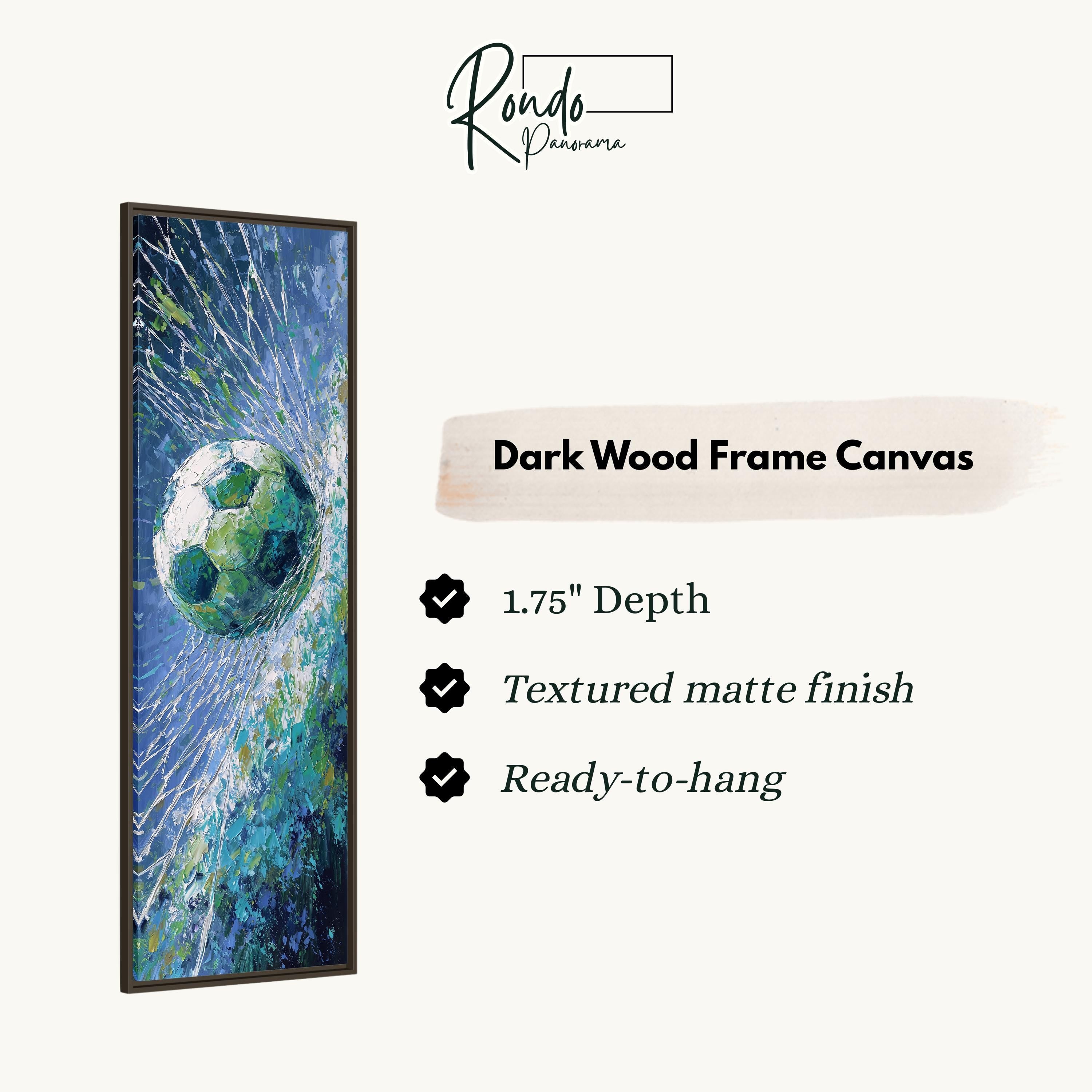 The image is a dark wood frame canvas depicting a soccer ball in motion, with a text box providing details about the artwork.