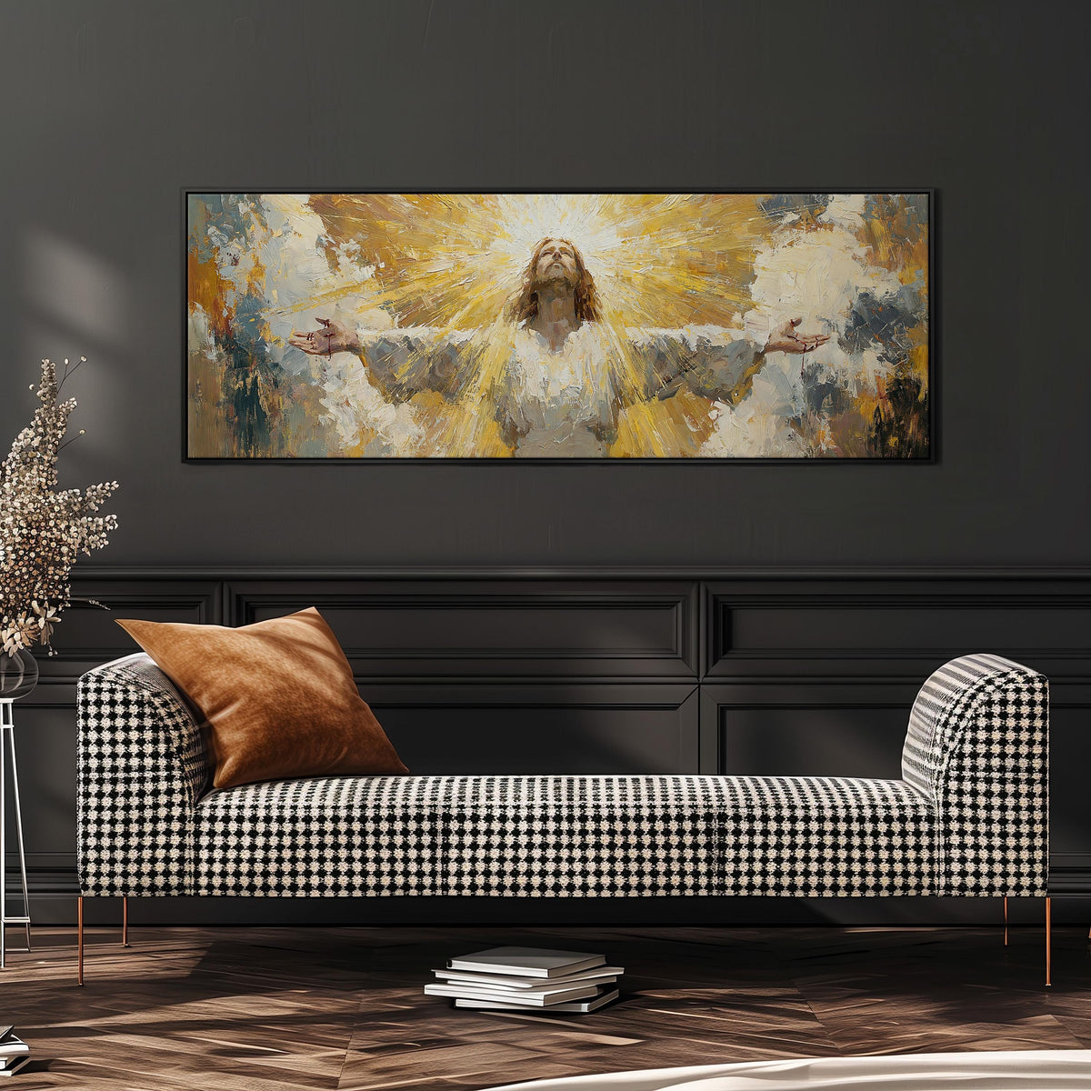 Risen Christ in golden light wide panoramic canvas print above a bench in a dark living room