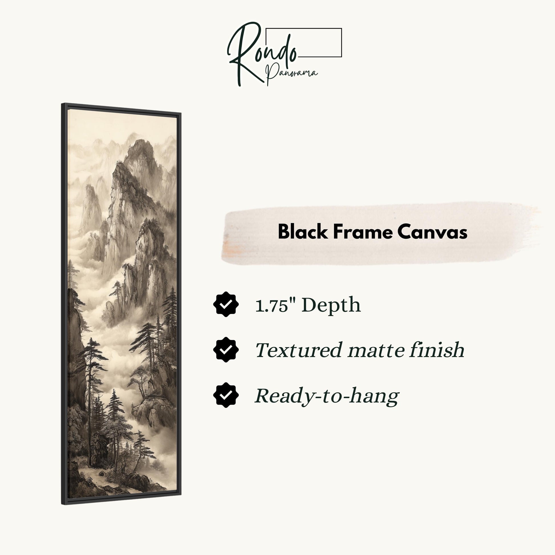 The image is a black and white landscape painting of a mountainous scene, with a black frame around it.