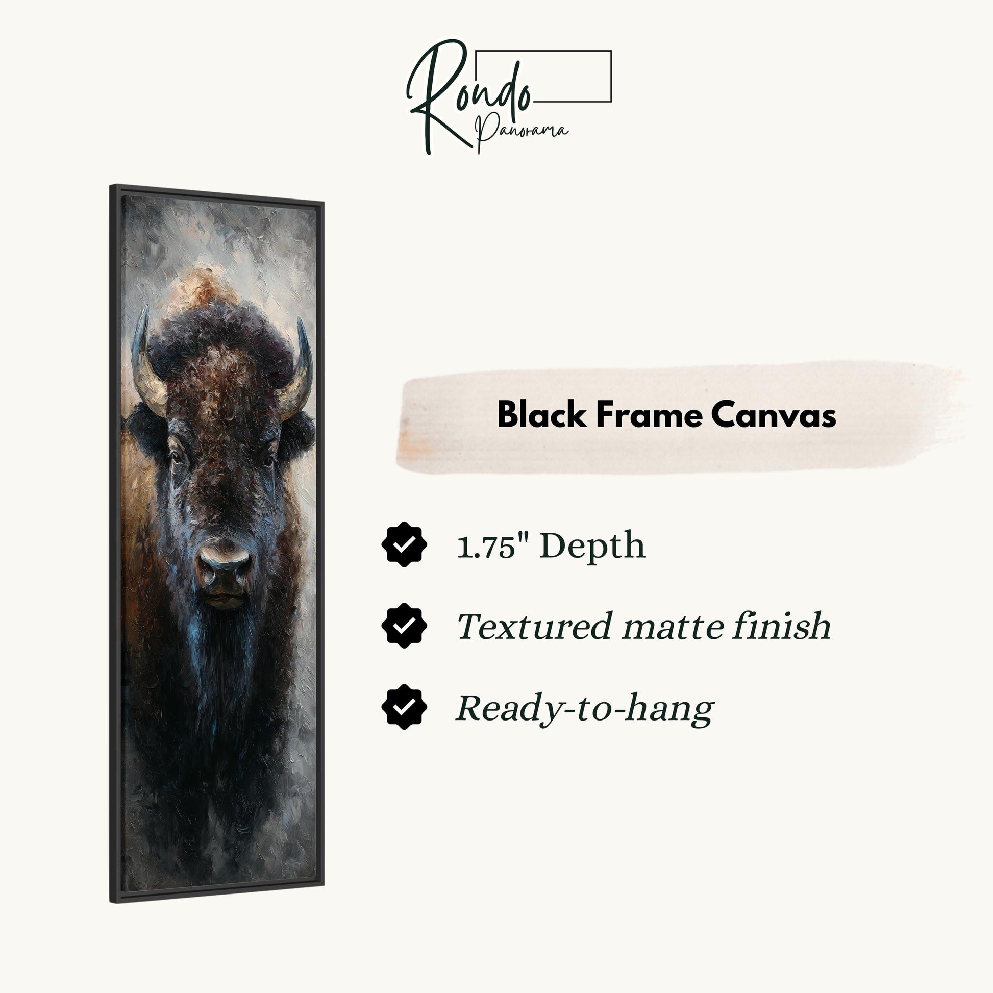 a close-up of a buffalo's head in a black frame, with text providing information about the black frame canvas.