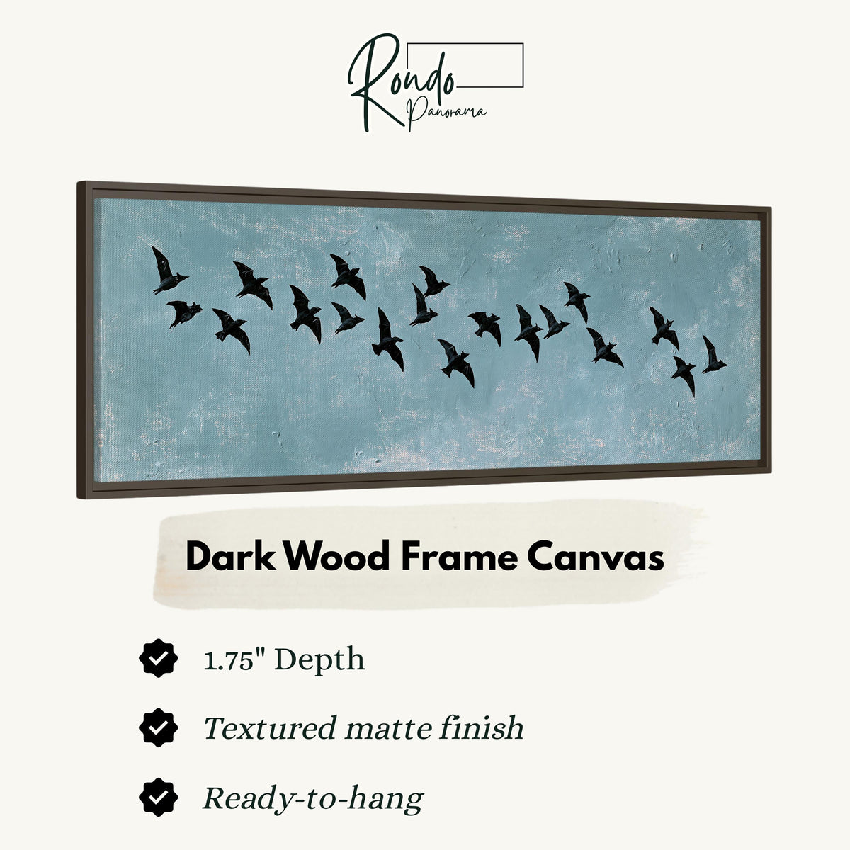 Flock of black birds on a teal sky canvas print in a dark wood floating frame