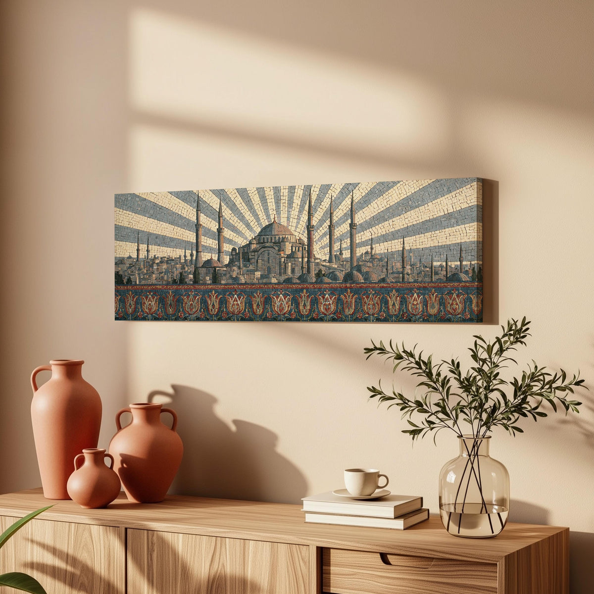 Istanbul skyline at sunrise long horizontal canvas print above a wooden sideboard