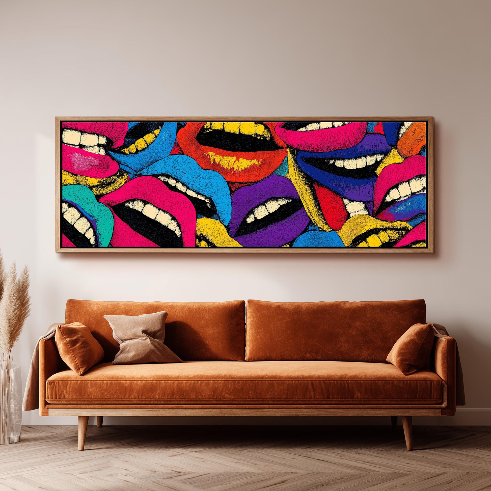 a large, colorful painting of multiple lips hanging on a wall above a brown sofa in a living room setting.