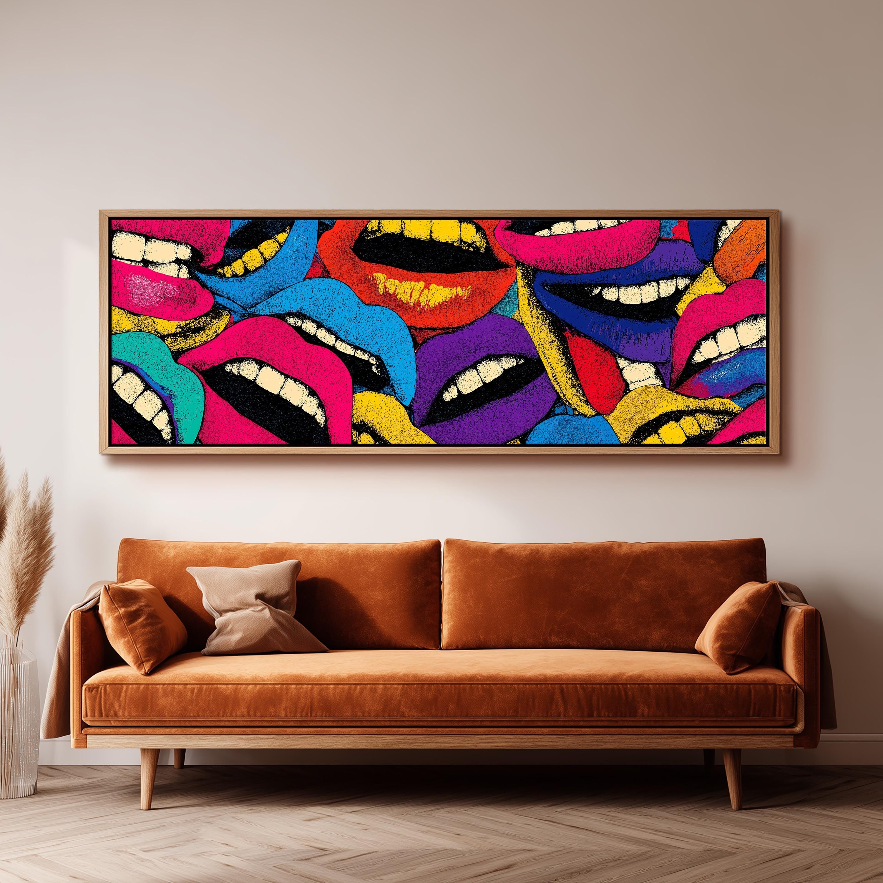 a large, colorful painting of multiple lips hanging on a wall above a brown sofa in a living room setting.