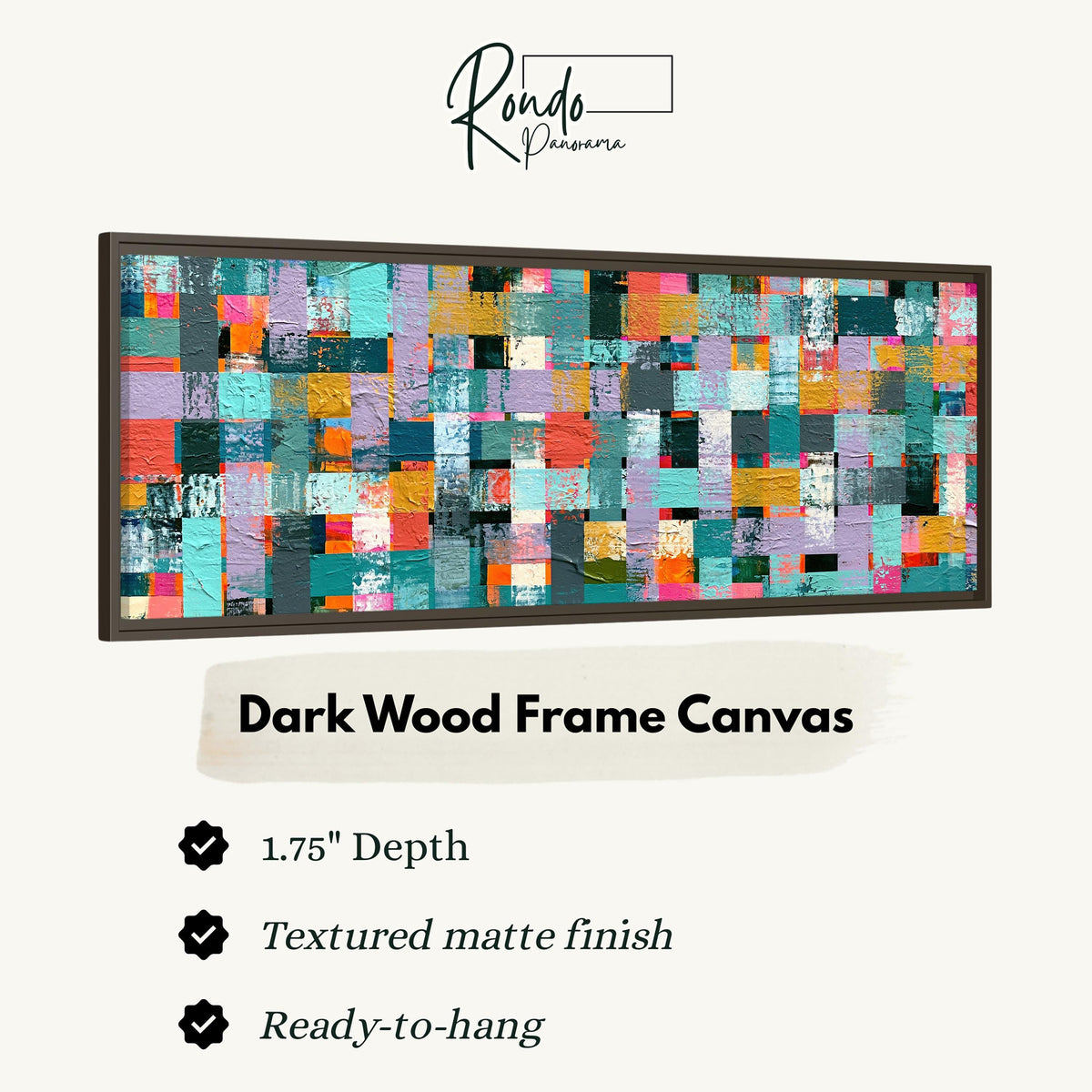 Woven grid of teal and pink blocks canvas print in a dark wood floating frame