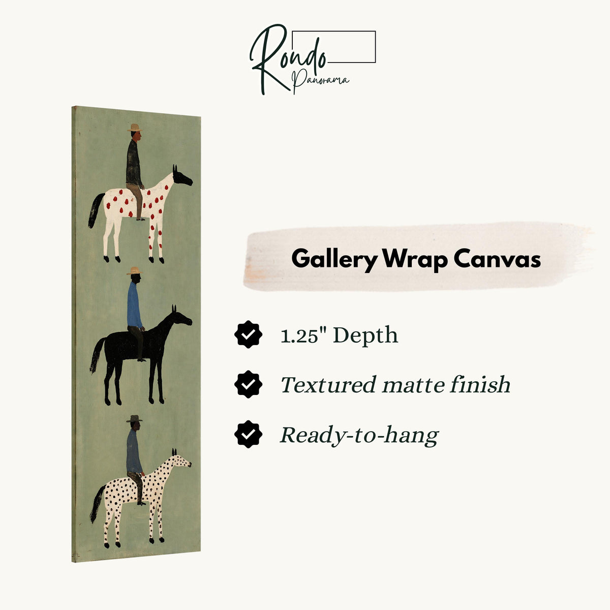 Three folk riders on spotted horses stacked vertically gallery wrap canvas with the image wrapped around the edges