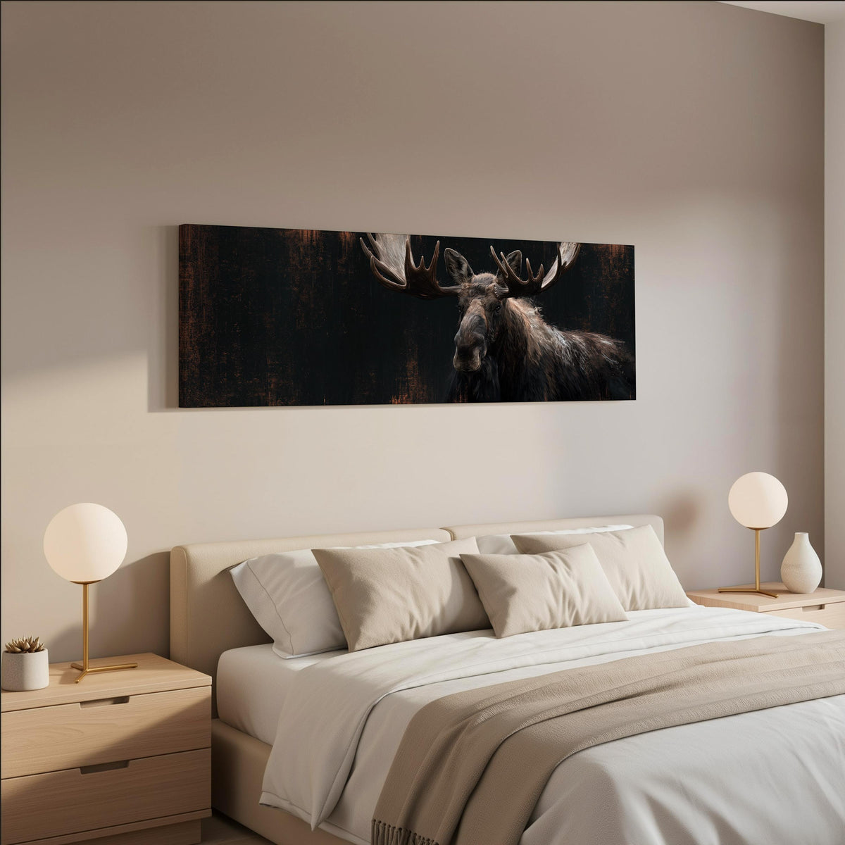 Dark moose portrait wide panoramic canvas print above a bed in a neutral bedroom