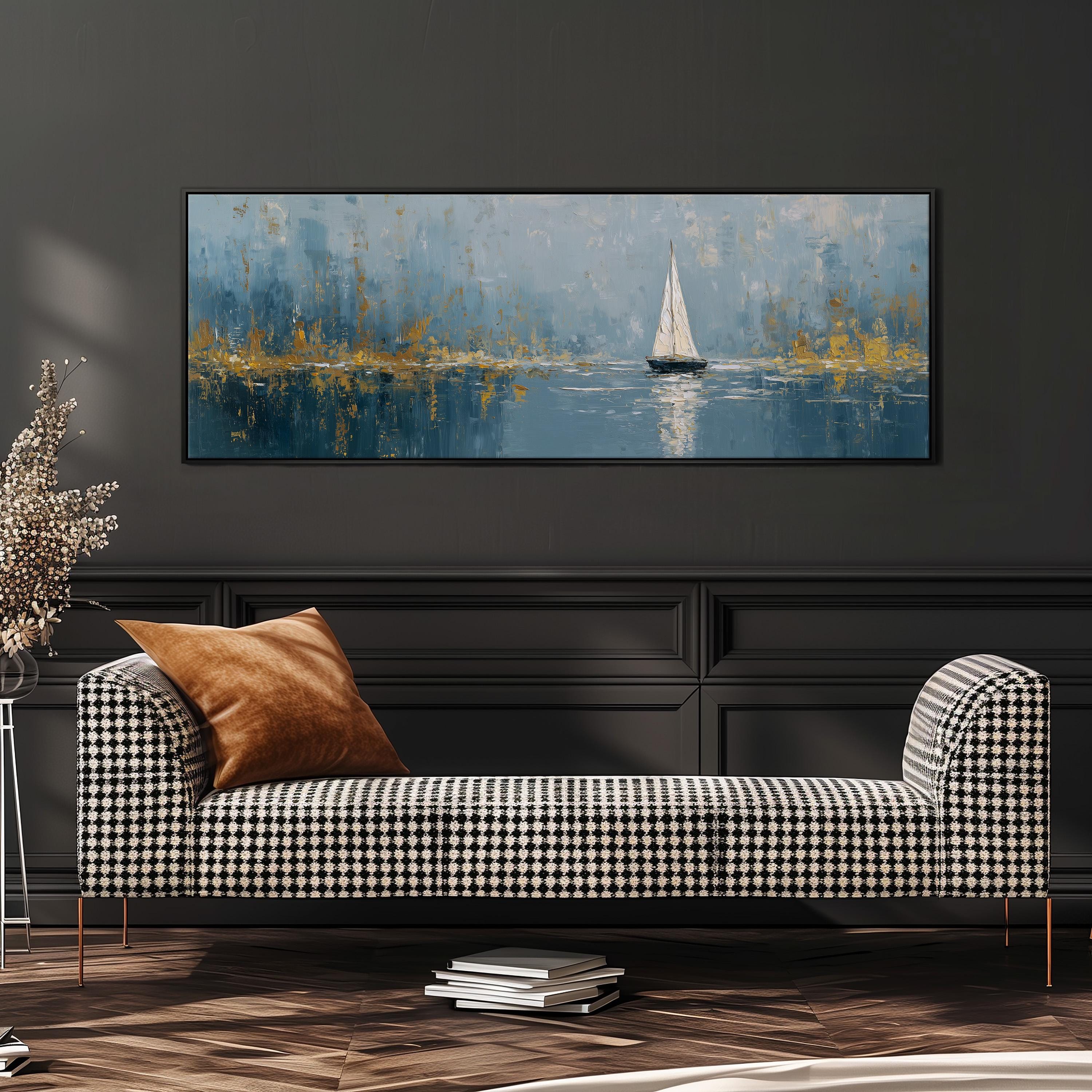 a large painting of a sailboat on a body of water, hanging on a wall above a black and white checkered sofa.