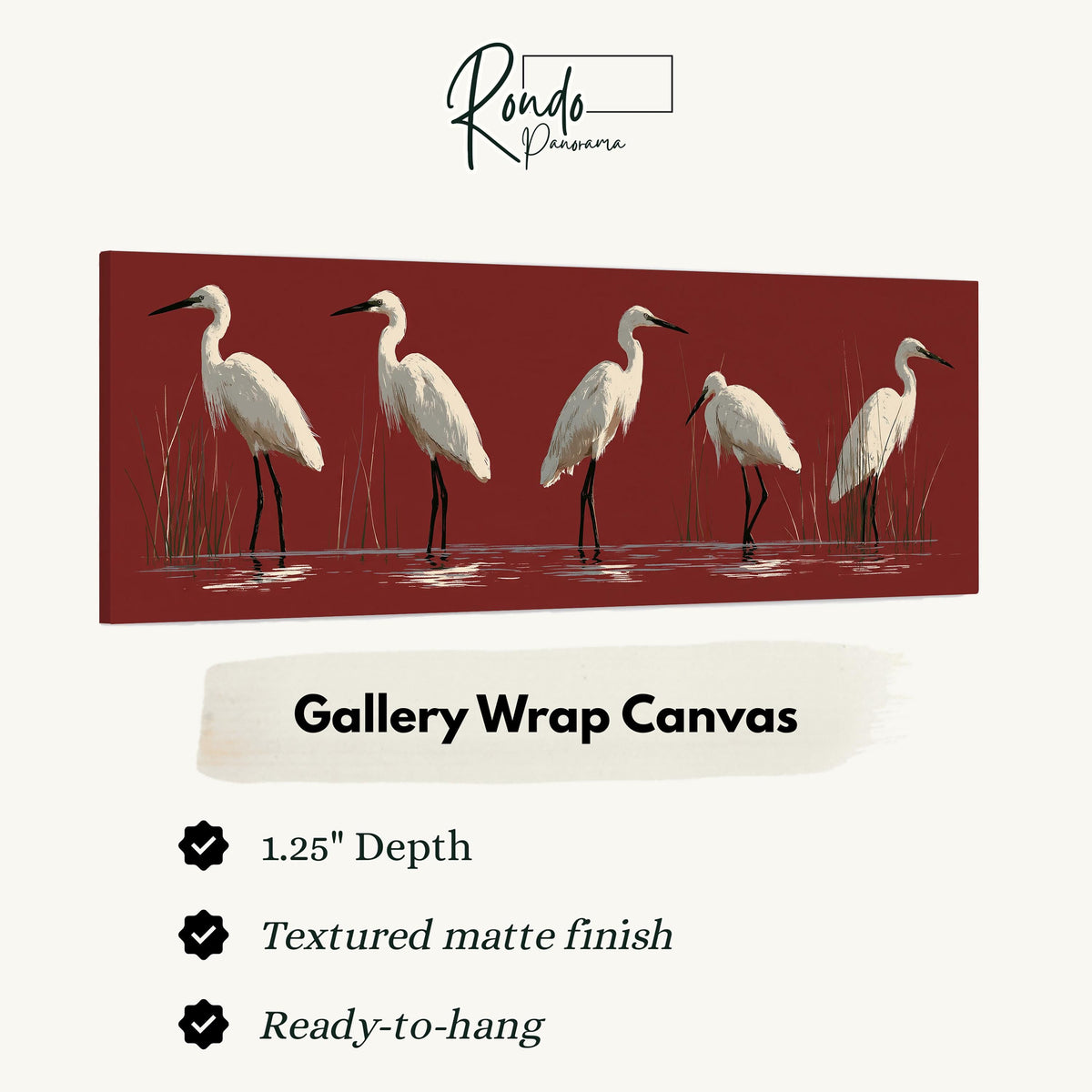 White egrets wading on crimson red gallery wrap canvas with the image wrapped around the edges